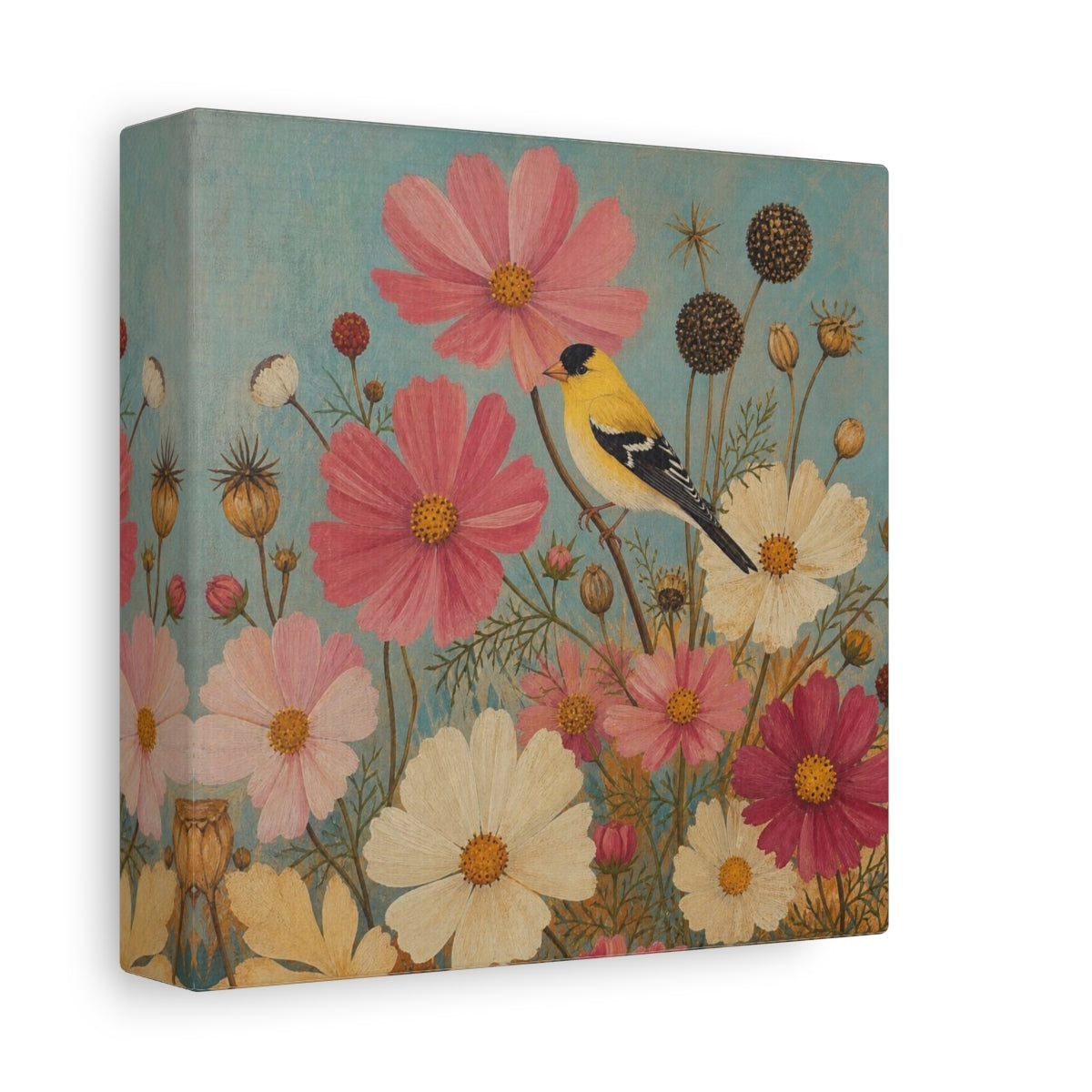 Side Mockup 2. Goldfinch Among Cosmos shown as canvas print