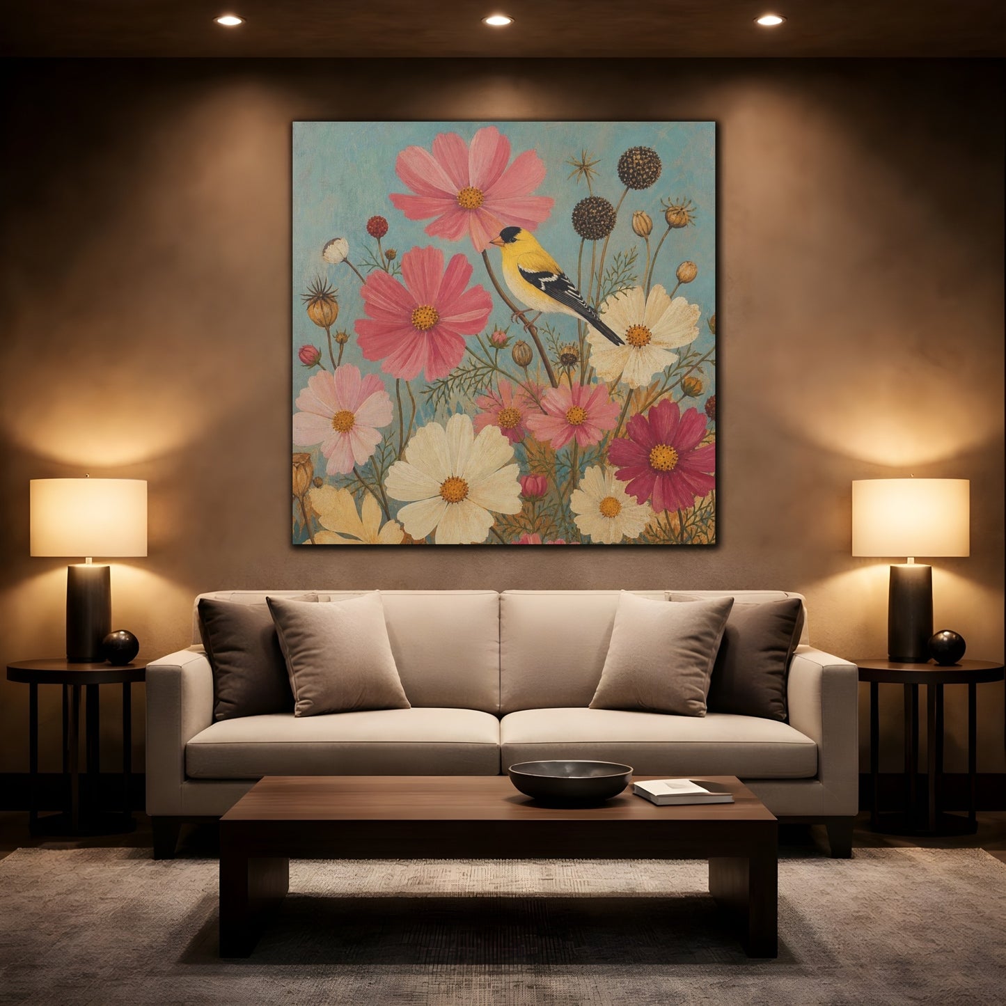Mockup 2. Goldfinch Among Cosmos shown as canvas print