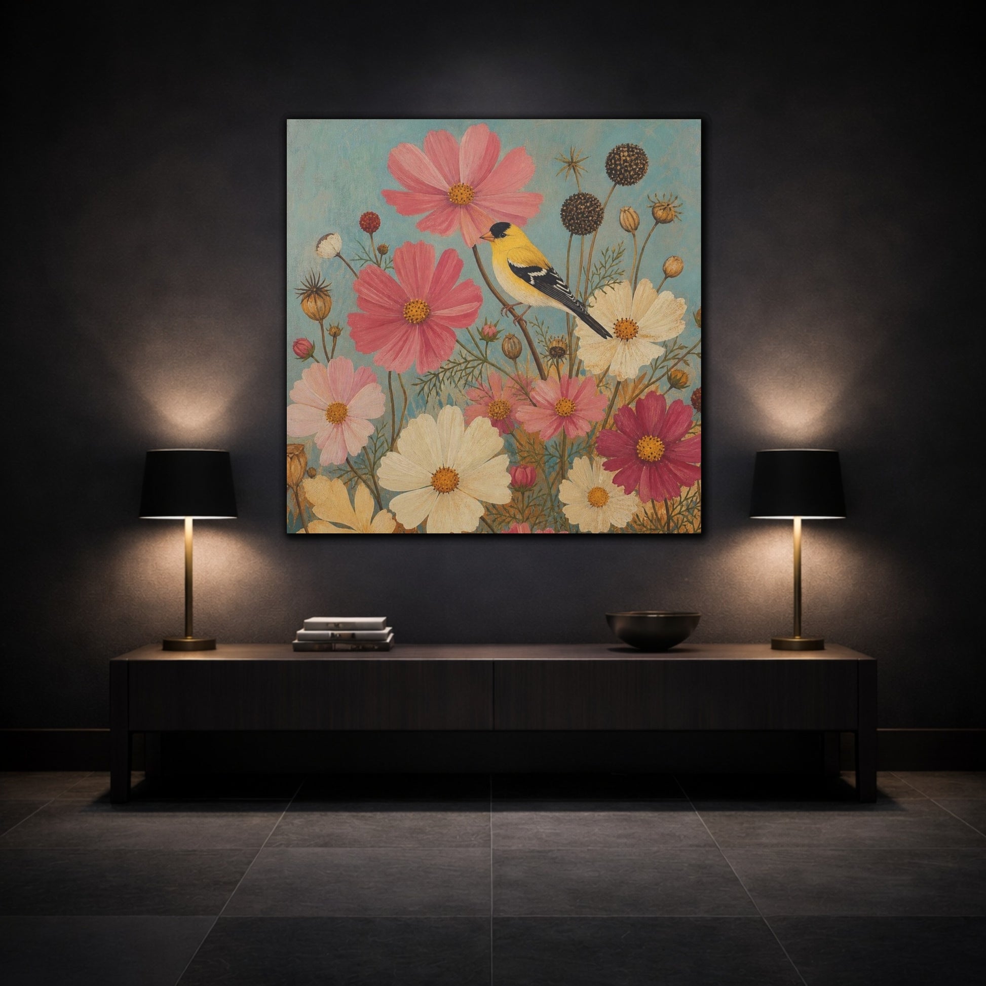 Mockup 3. Goldfinch Among Cosmos shown as canvas print