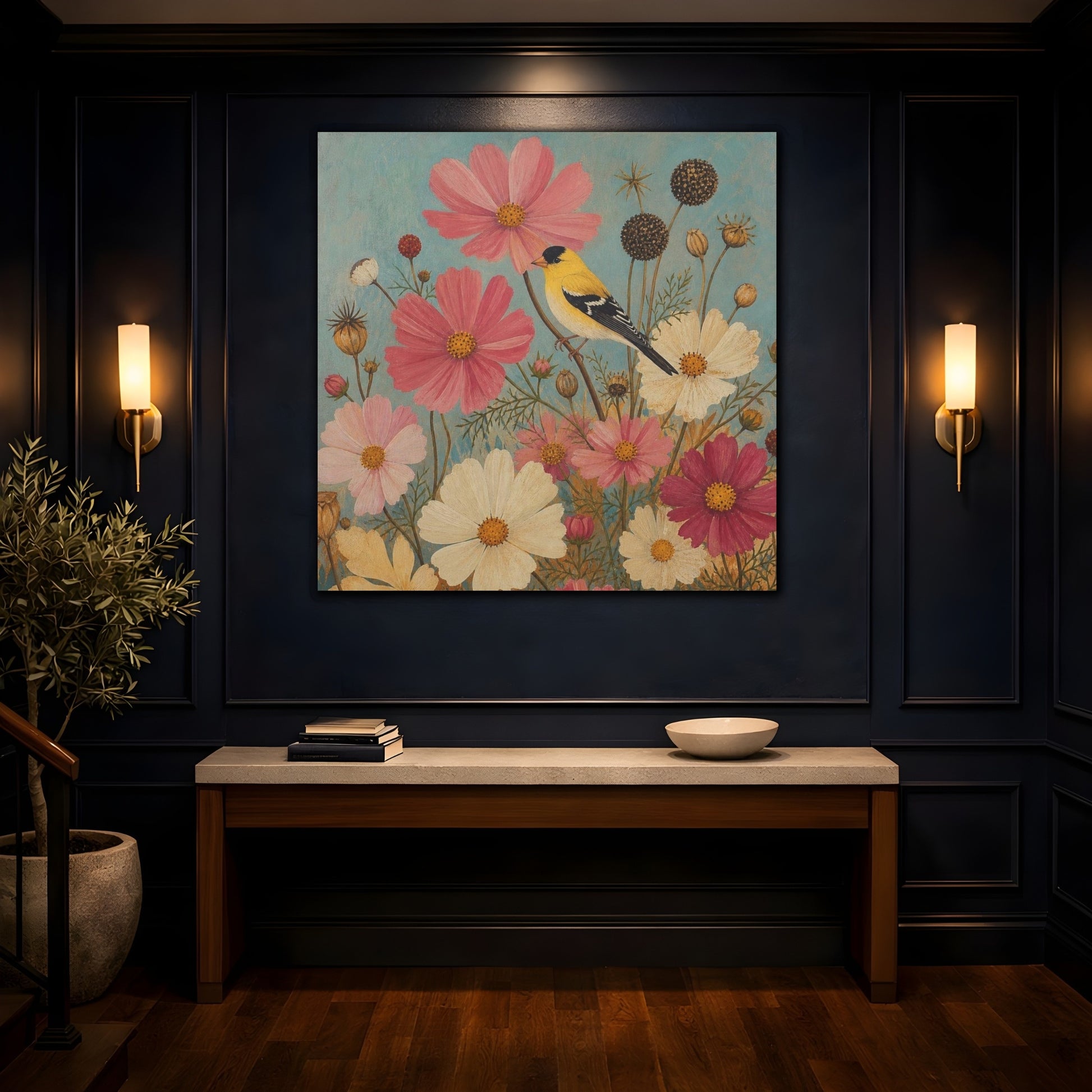 Mockup 4. Goldfinch Among Cosmos shown as canvas print