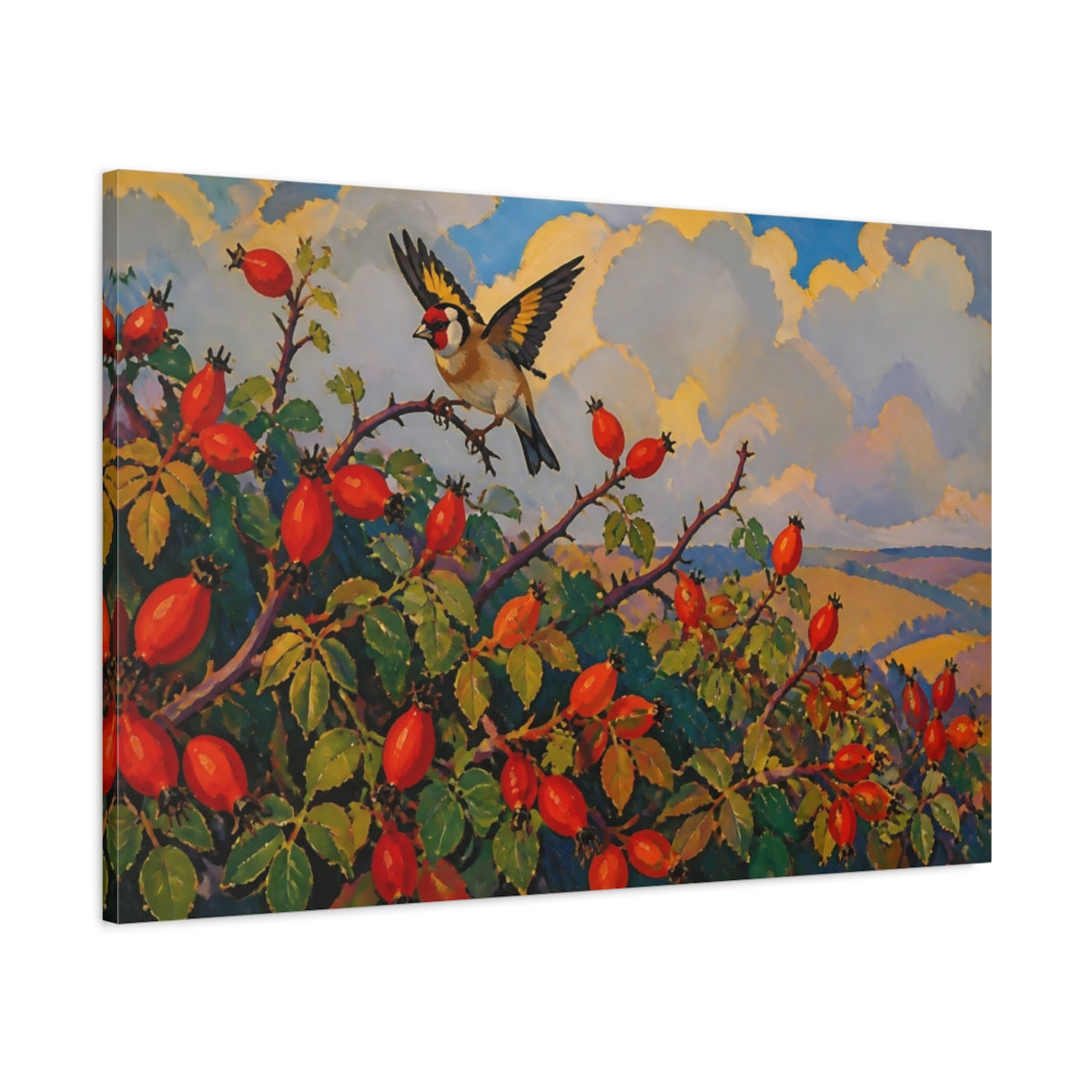 Main Mockup. Goldfinch On Rosehips shown as canvas print