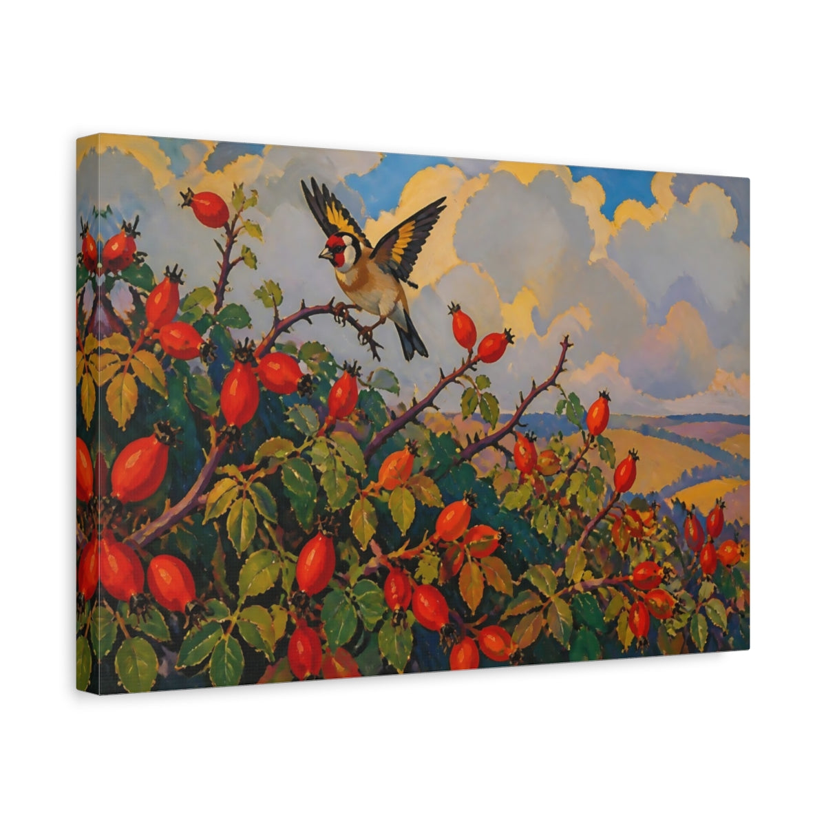Side Mockup 4. Goldfinch On Rosehips shown as canvas print