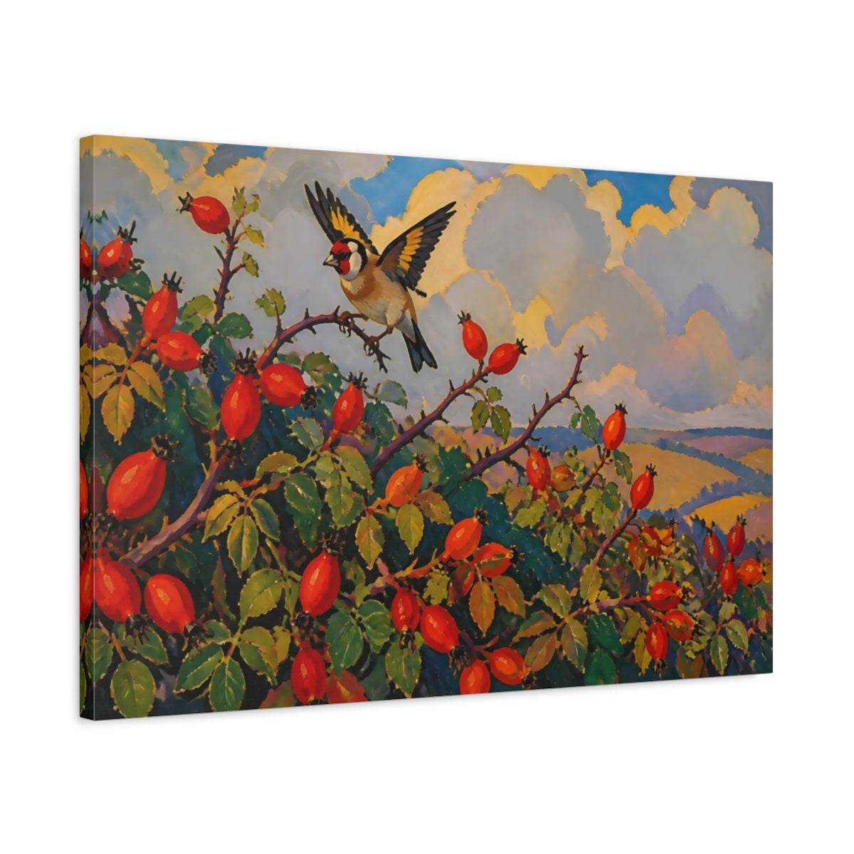 Side Mockup 2. Goldfinch On Rosehips shown as canvas print