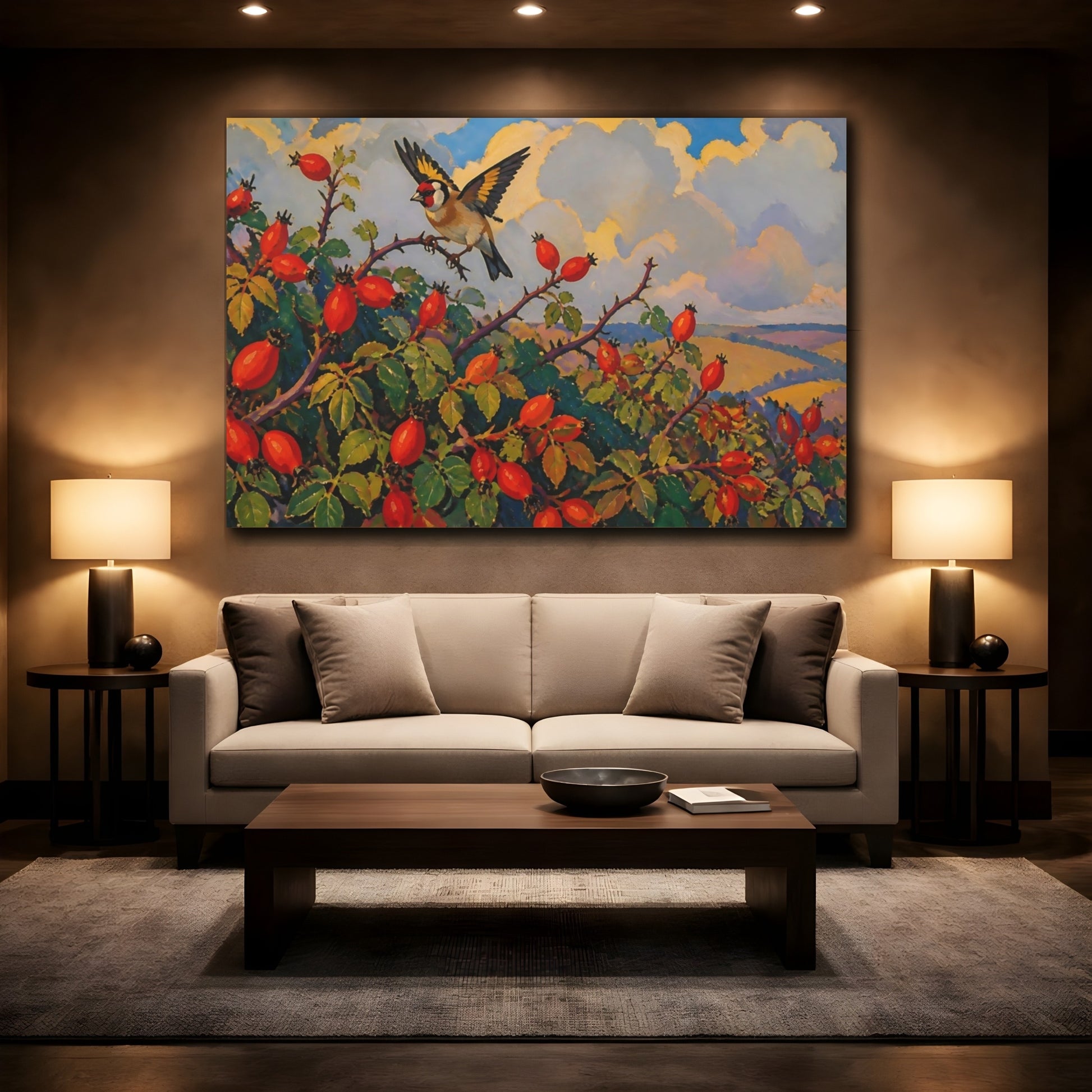 Mockup 2. Goldfinch On Rosehips shown as canvas print