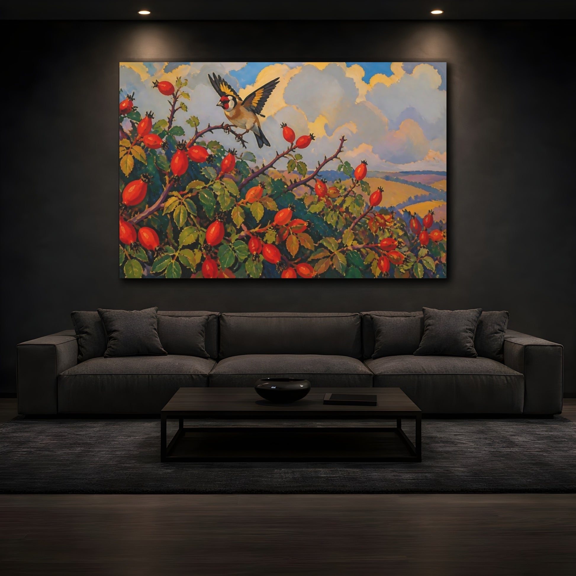 Mockup 3. Goldfinch On Rosehips shown as canvas print