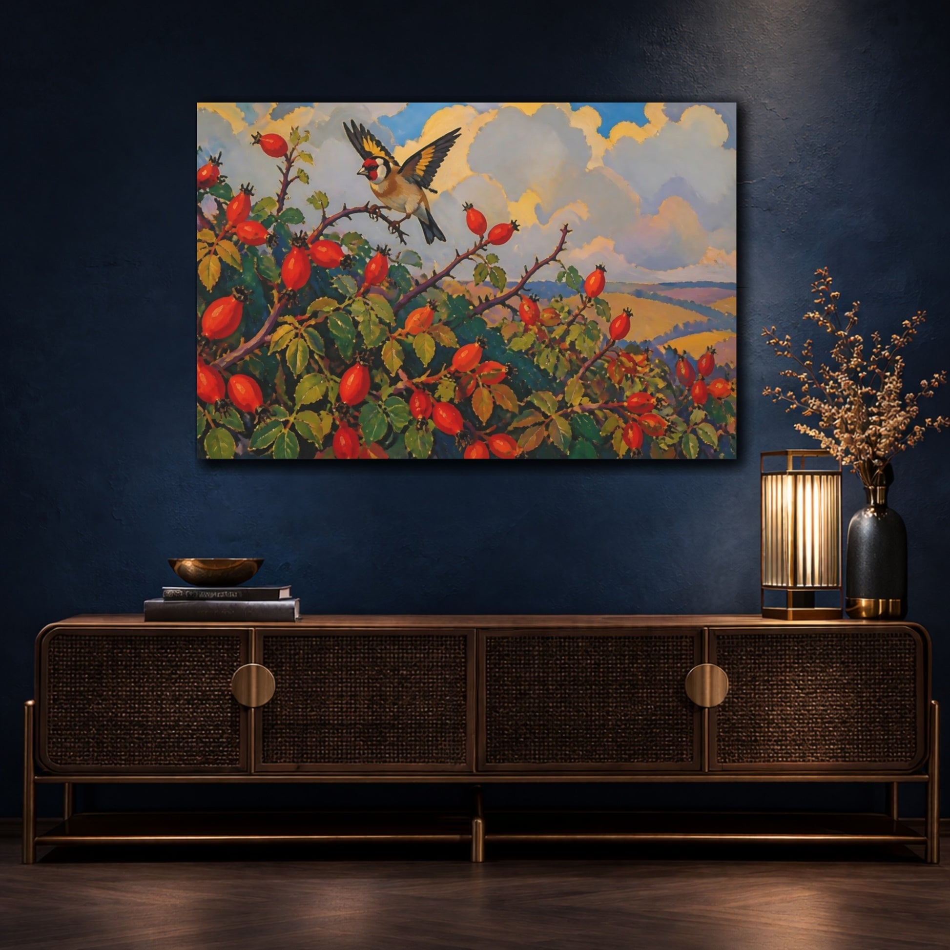 Mockup 4. Goldfinch On Rosehips shown as canvas print