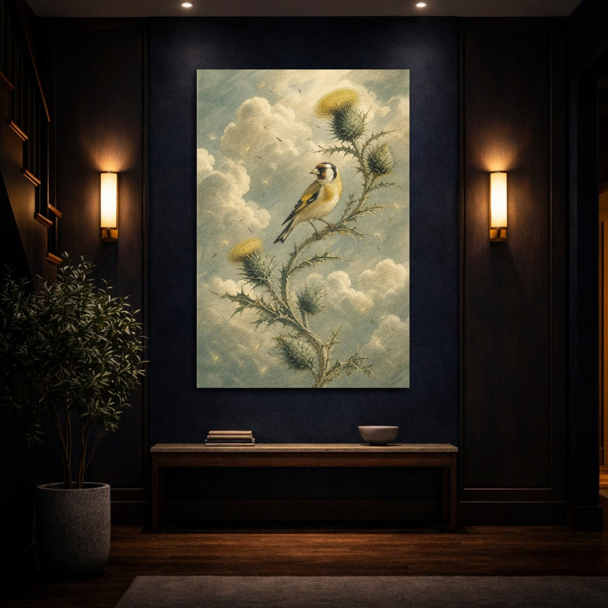 Goldfinch On Thistle Canvas Print – Living Room, Above Sofa, Muted Yellow & Sage - YesArtYes