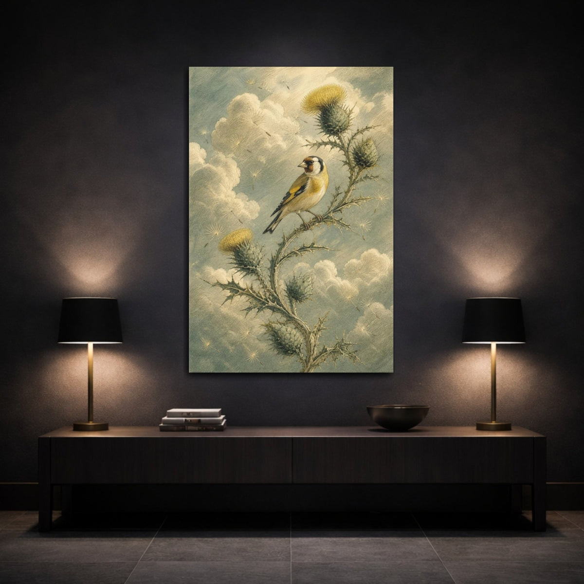 Goldfinch On Thistle Canvas Print – Living Room, Above Sofa, Muted Yellow & Sage - YesArtYes