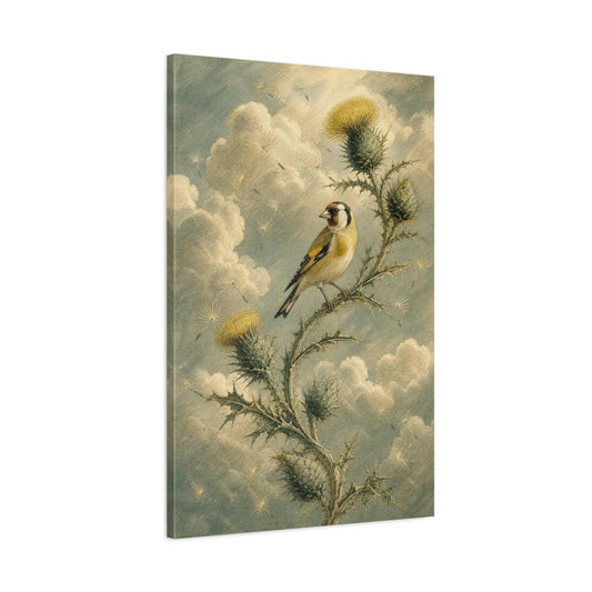 Goldfinch On Thistle Canvas Print – Living Room, Above Sofa, Muted Yellow & Sage - YesArtYes