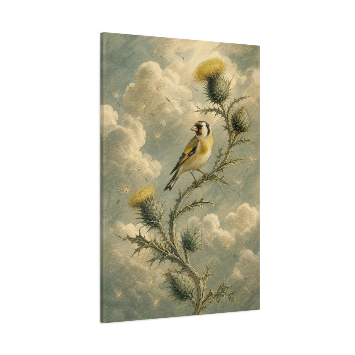 Side Mockup 1. Goldfinch On Thistle shown as canvas print