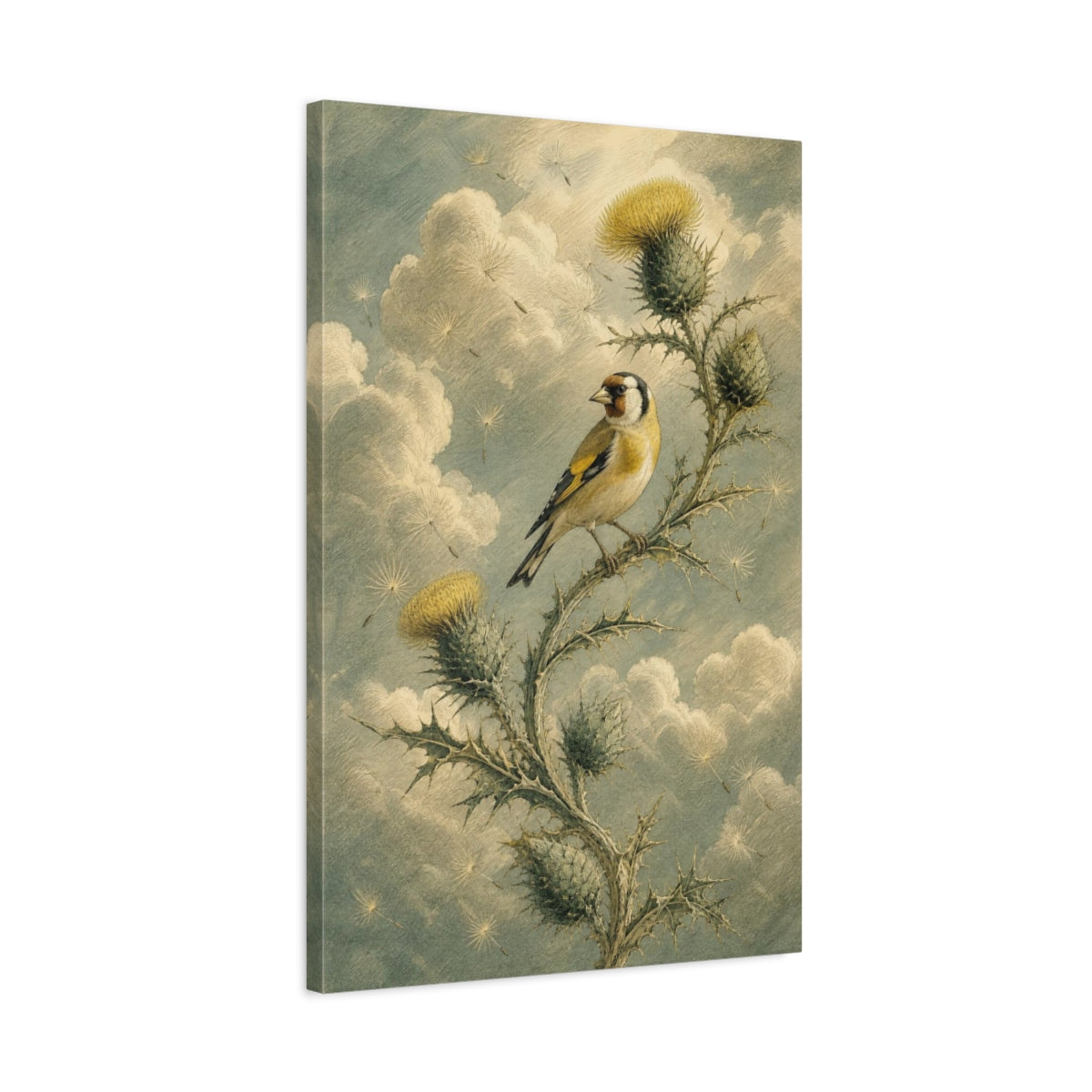 Side Mockup 2. Goldfinch On Thistle shown as canvas print