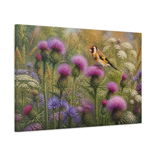 Main Mockup. Goldfinch On Thistles shown as canvas print