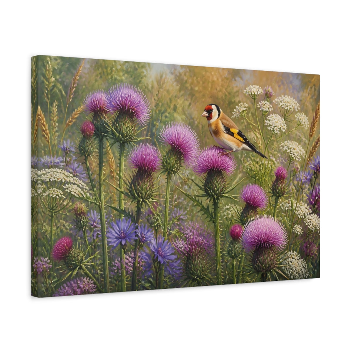 Side Mockup 3. Goldfinch On Thistles shown as canvas print