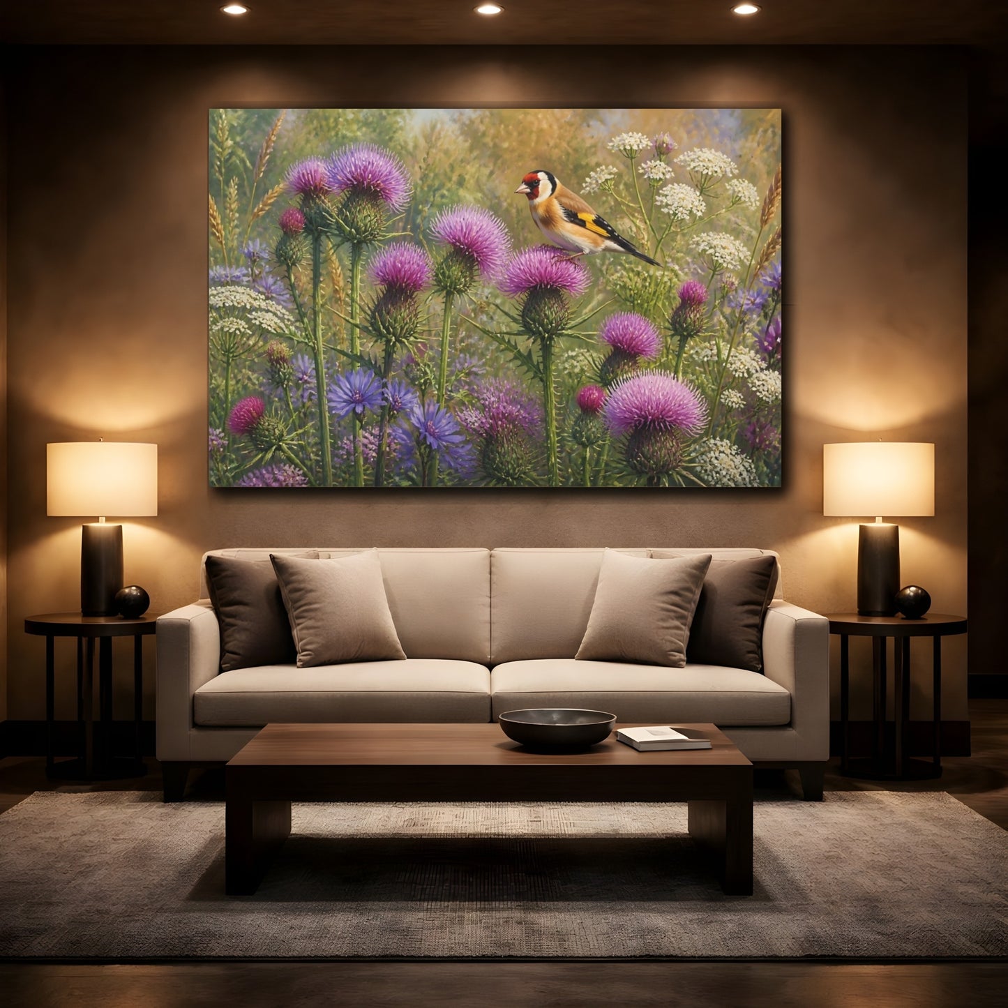 Mockup 2. Goldfinch On Thistles shown as canvas print