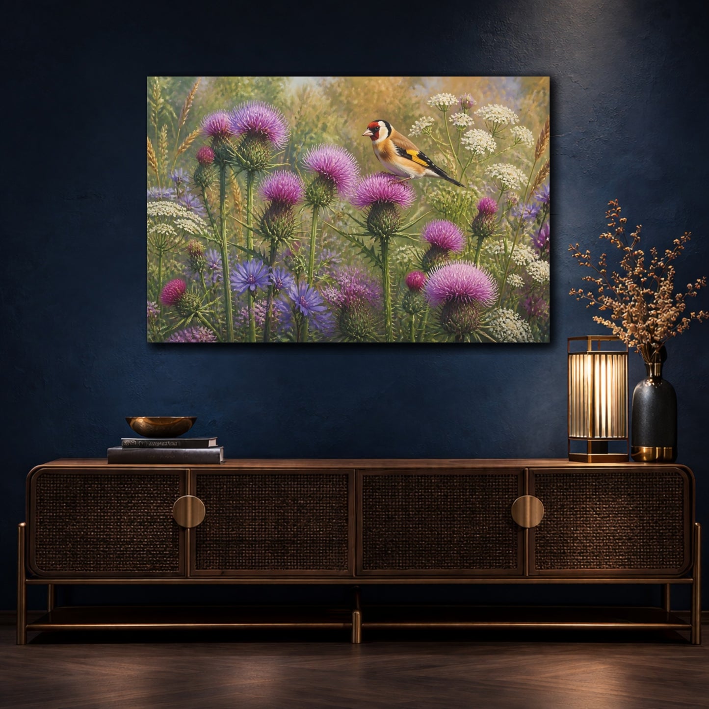Mockup 4. Goldfinch On Thistles shown as canvas print