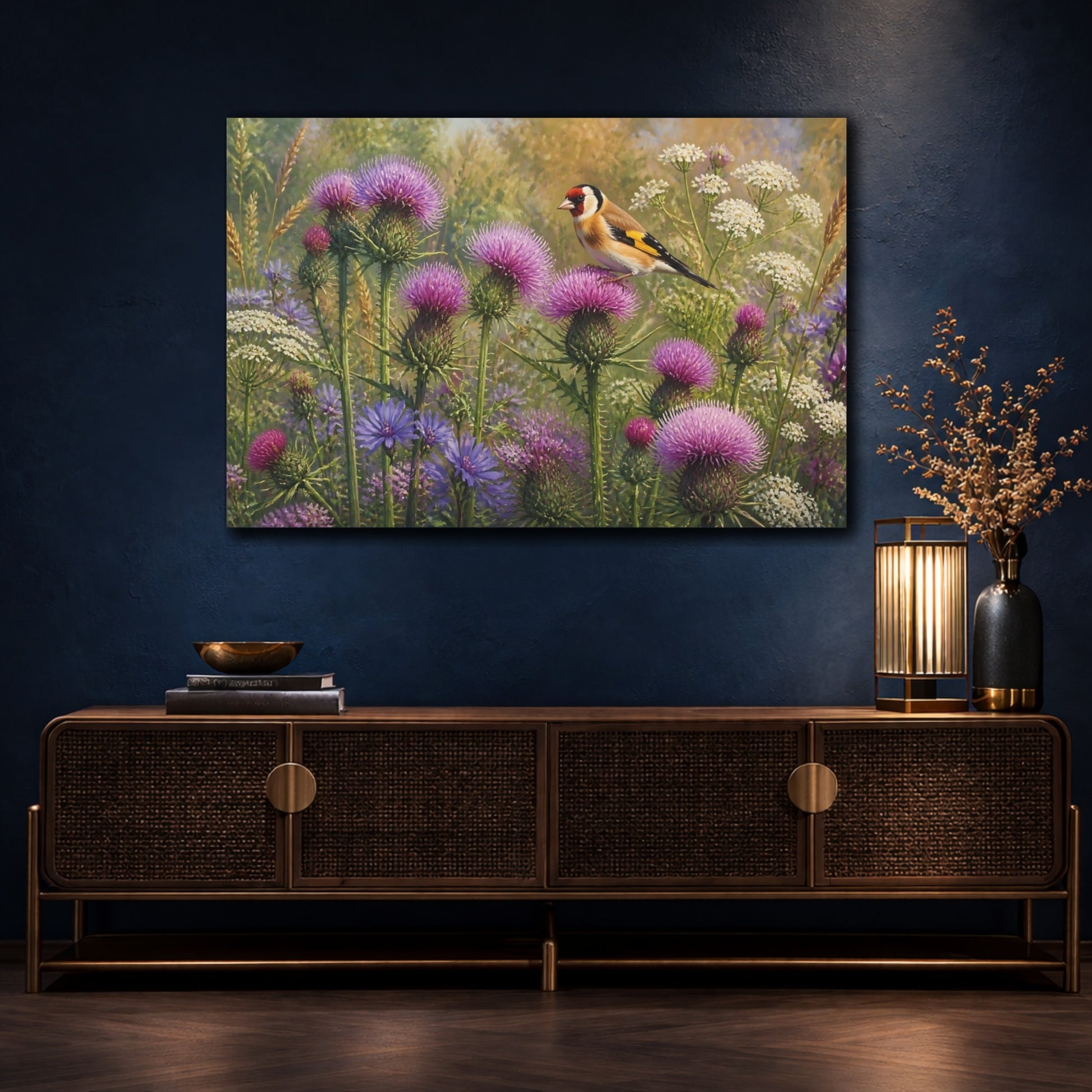 Mockup 4. Goldfinch On Thistles shown as canvas print