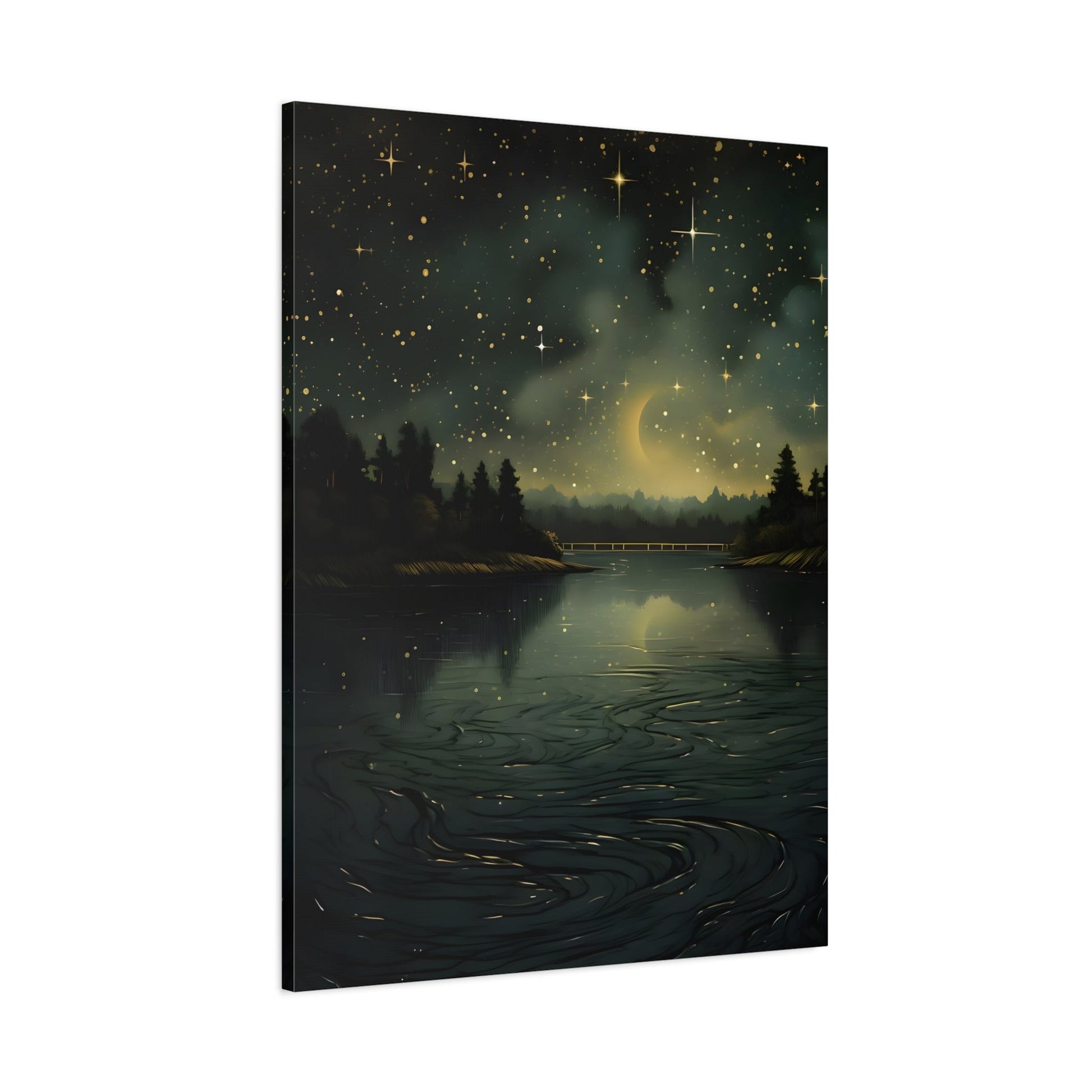 Gothic Dark Green River Canvas Print - Vintage Skies Forest Wall Art - YesArtYes
