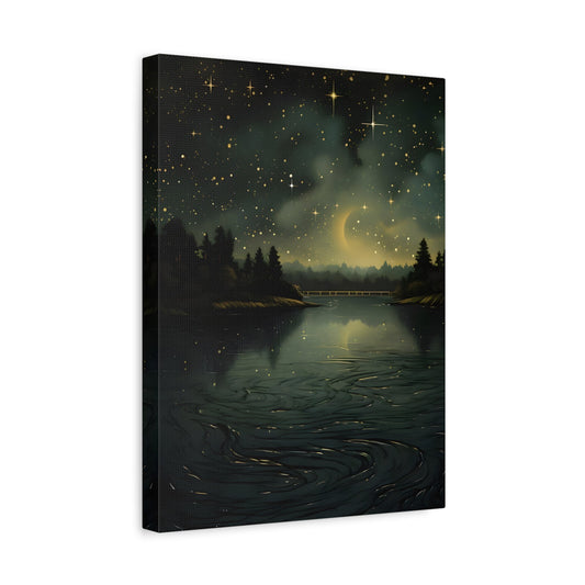 Gothic Dark Green River Canvas Print - Vintage Skies Forest Wall Art - YesArtYes