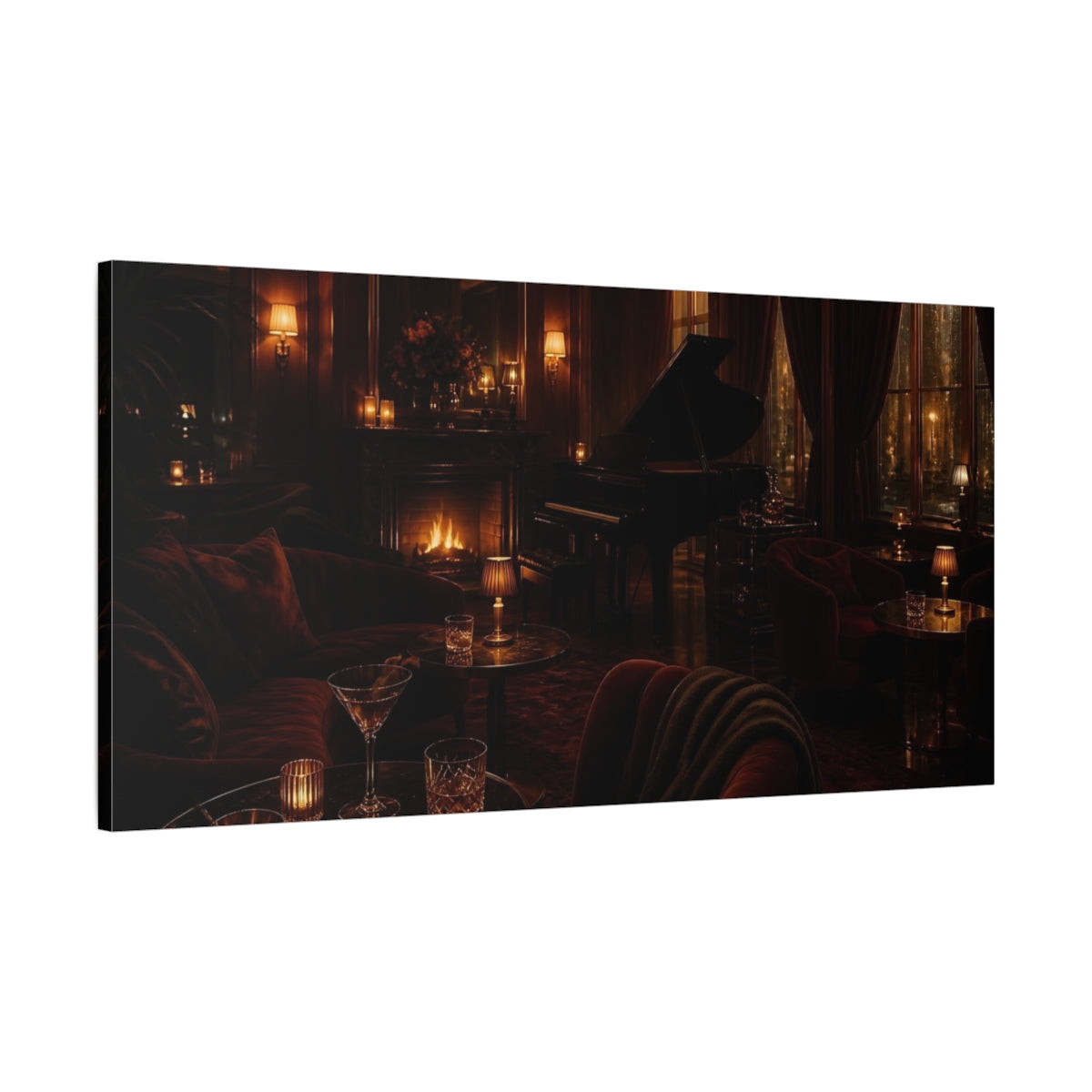 Main Mockup. Grand Piano Lounge At Night shown as canvas print