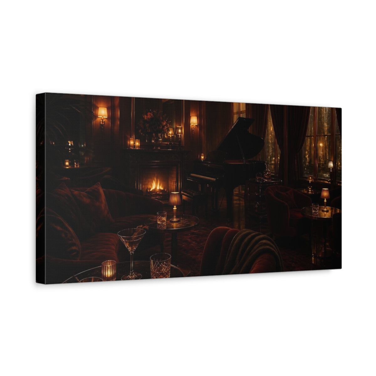 Side Mockup 3. Grand Piano Lounge At Night shown as canvas print