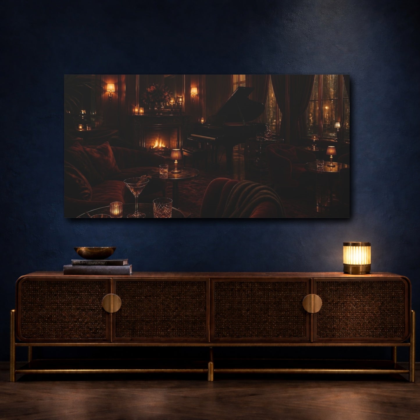 Mockup 4. Grand Piano Lounge At Night shown as canvas print