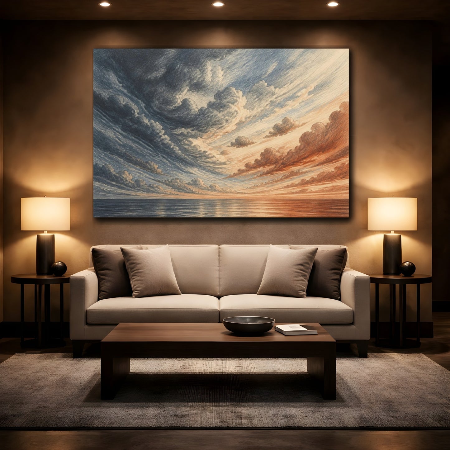 Mockup 2. Graphite Cloudscape At Sunset shown as canvas print