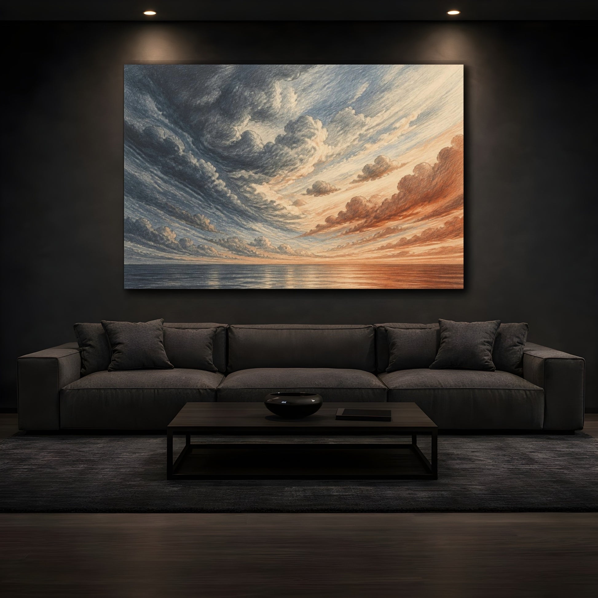 Mockup 3. Graphite Cloudscape At Sunset shown as canvas print