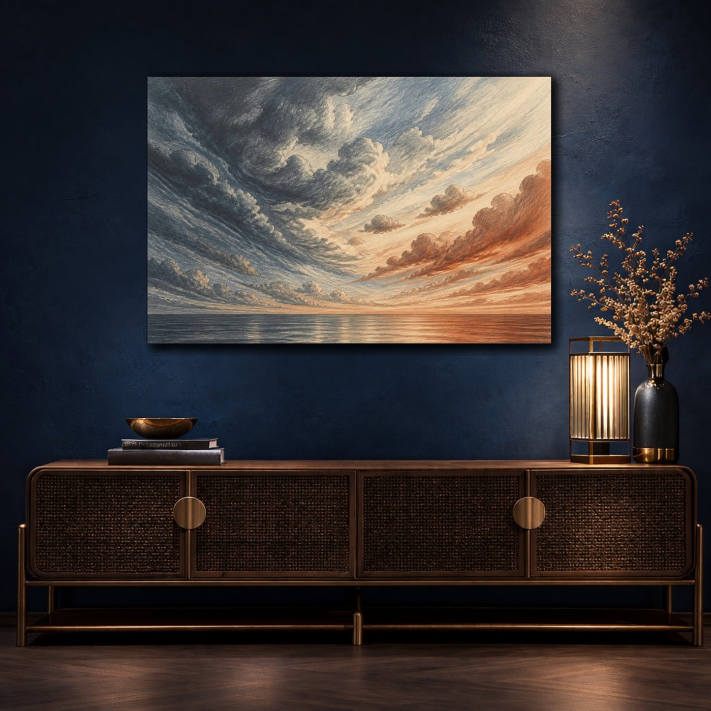Mockup 4. Graphite Cloudscape At Sunset shown as canvas print