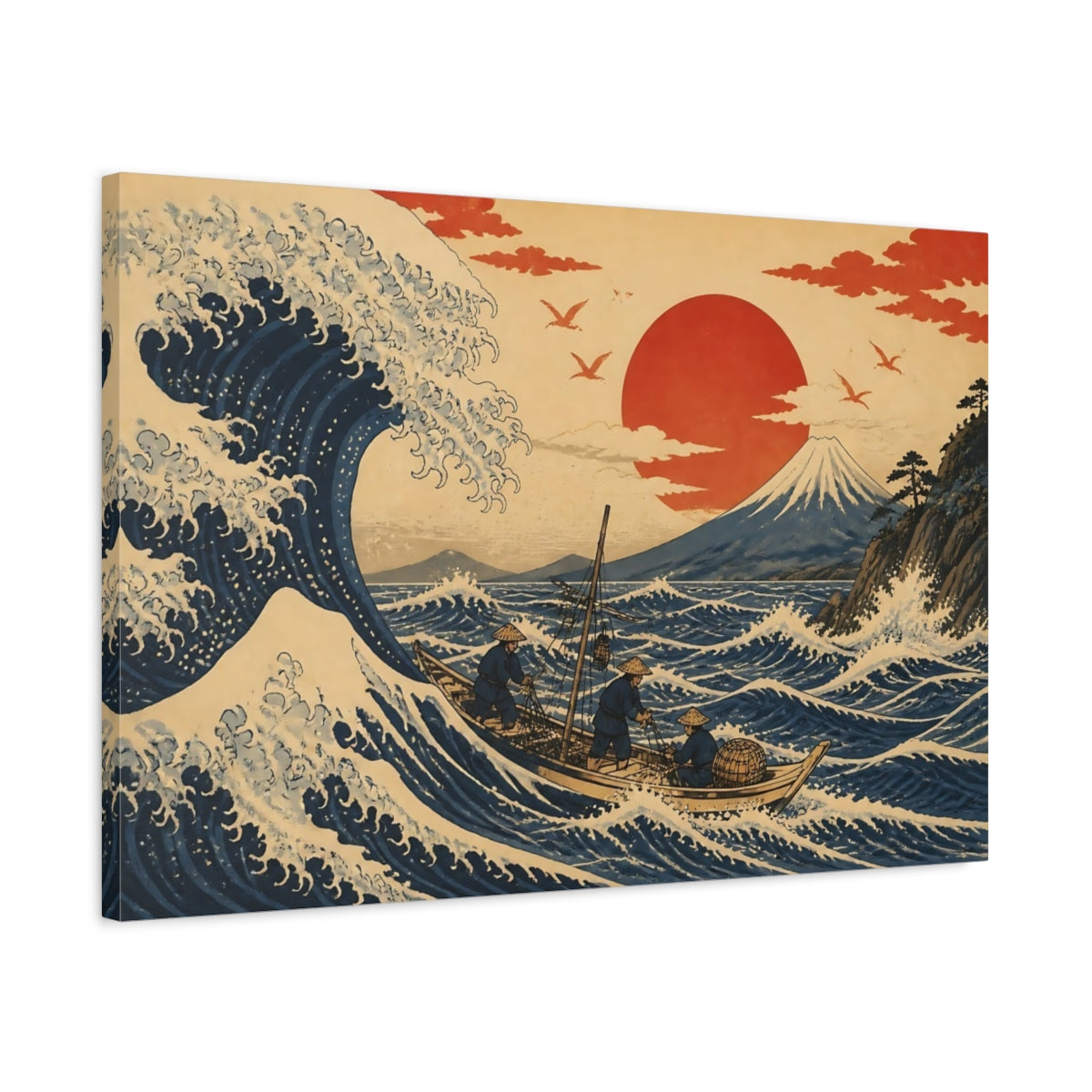 Side Mockup 2. Great Wave With Fishermen shown as canvas print