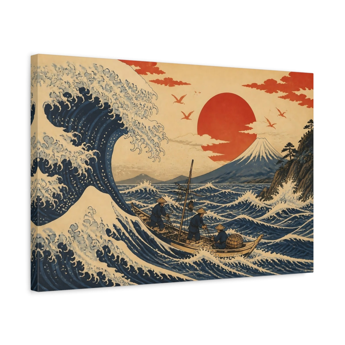 Side Mockup 3. Great Wave With Fishermen shown as canvas print