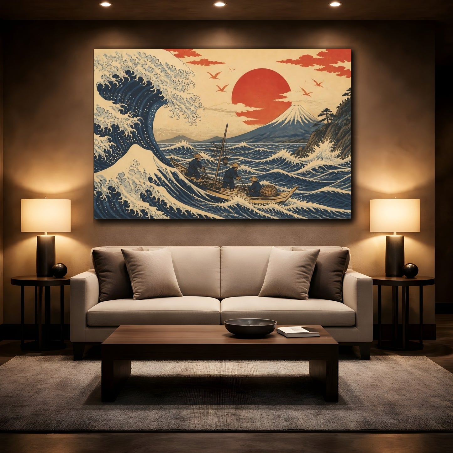 Mockup 2. Great Wave With Fishermen shown as canvas print