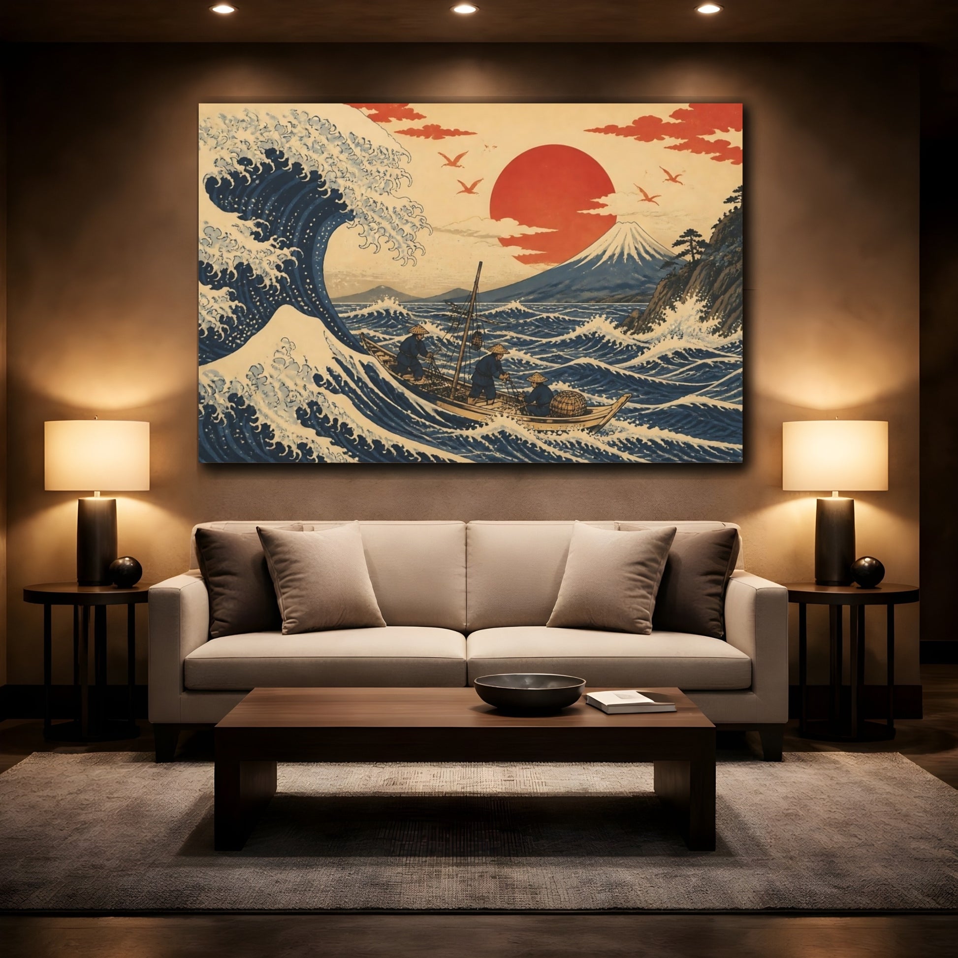 Mockup 2. Great Wave With Fishermen shown as canvas print