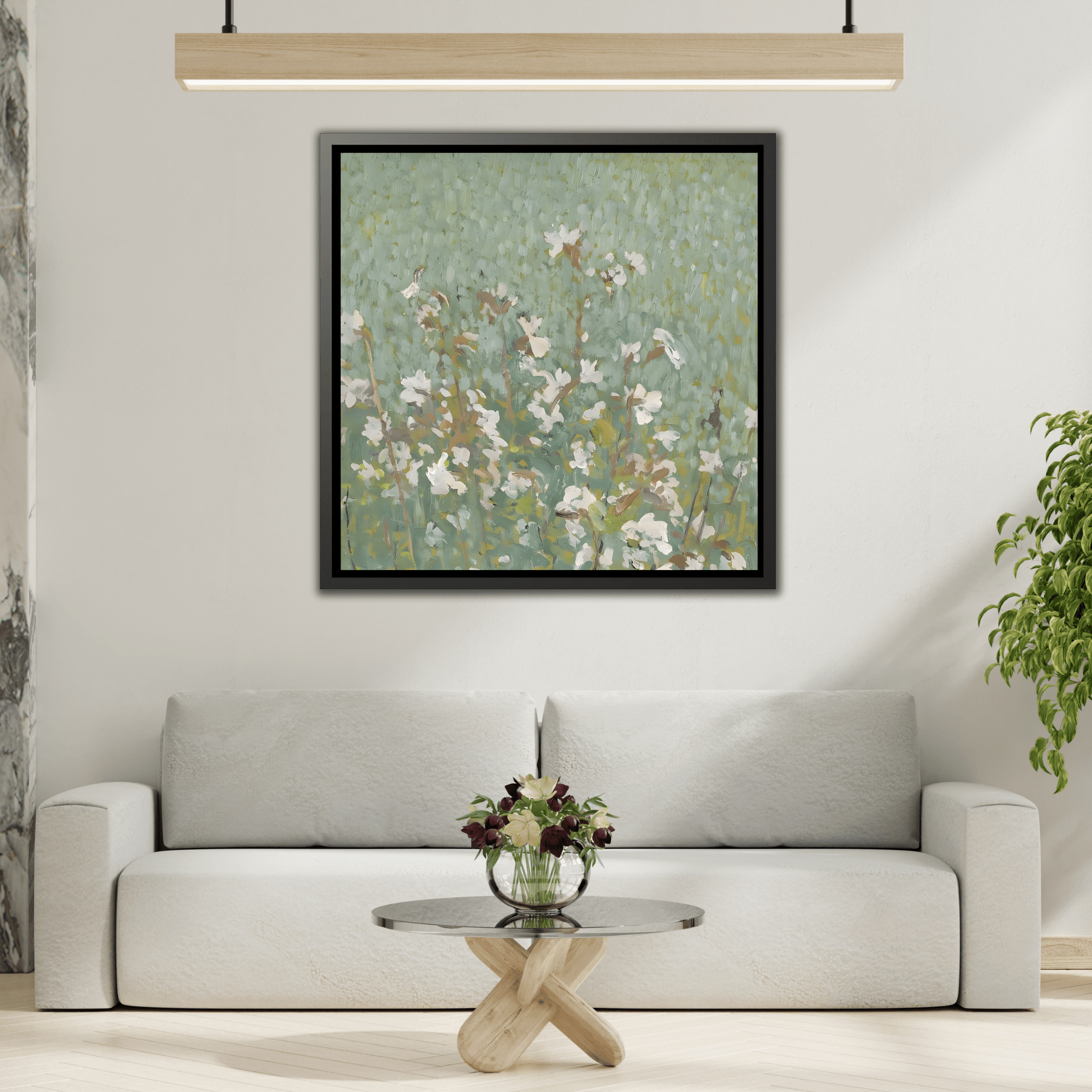 Green Abstract Wildflower Framed Canvas Wall Art Floral Vintage Print