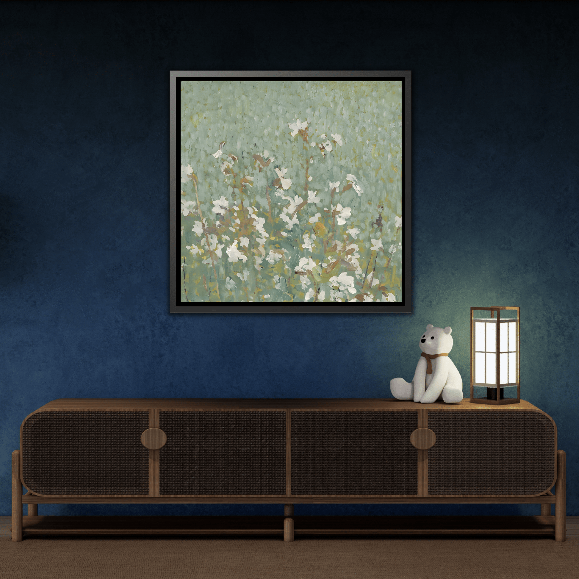 Green Abstract Wildflower Framed Canvas Wall Art Floral Vintage Print