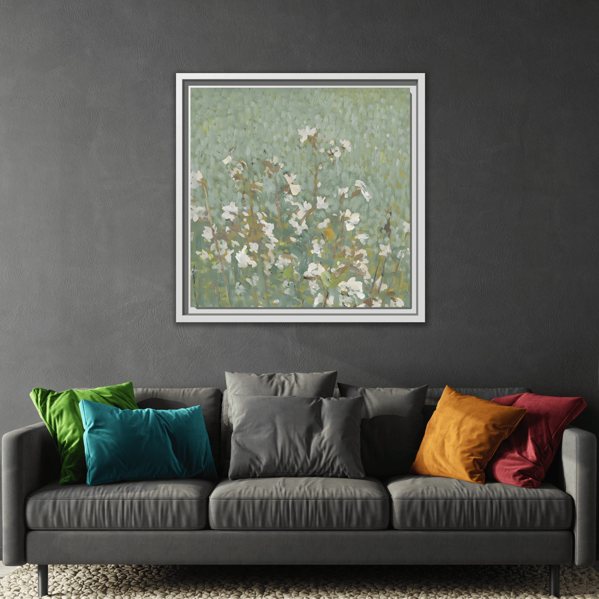 Green Abstract Wildflower Framed Canvas Wall Art Floral Vintage Print