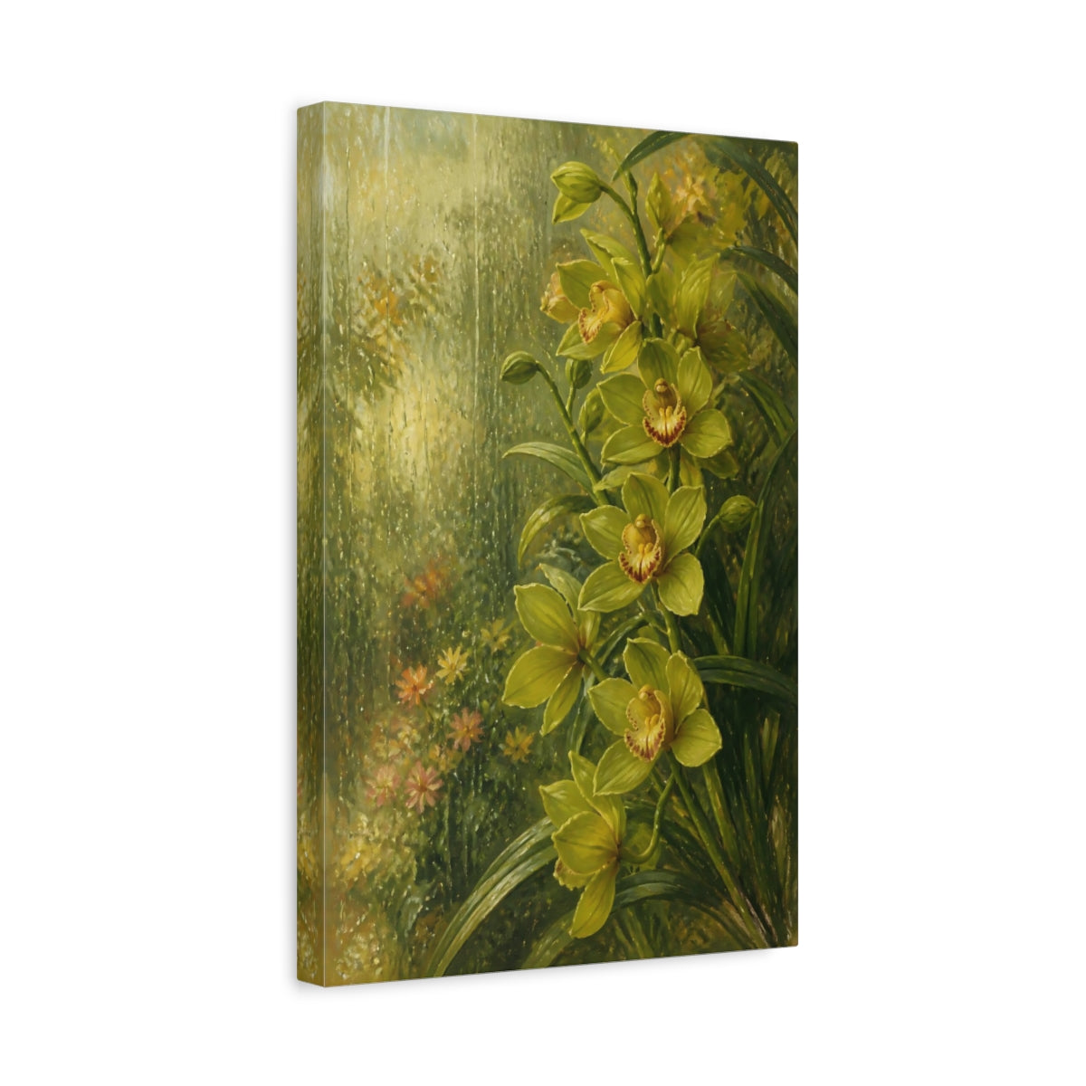 Side Mockup 4. Green Orchid Flower Spray shown as canvas print