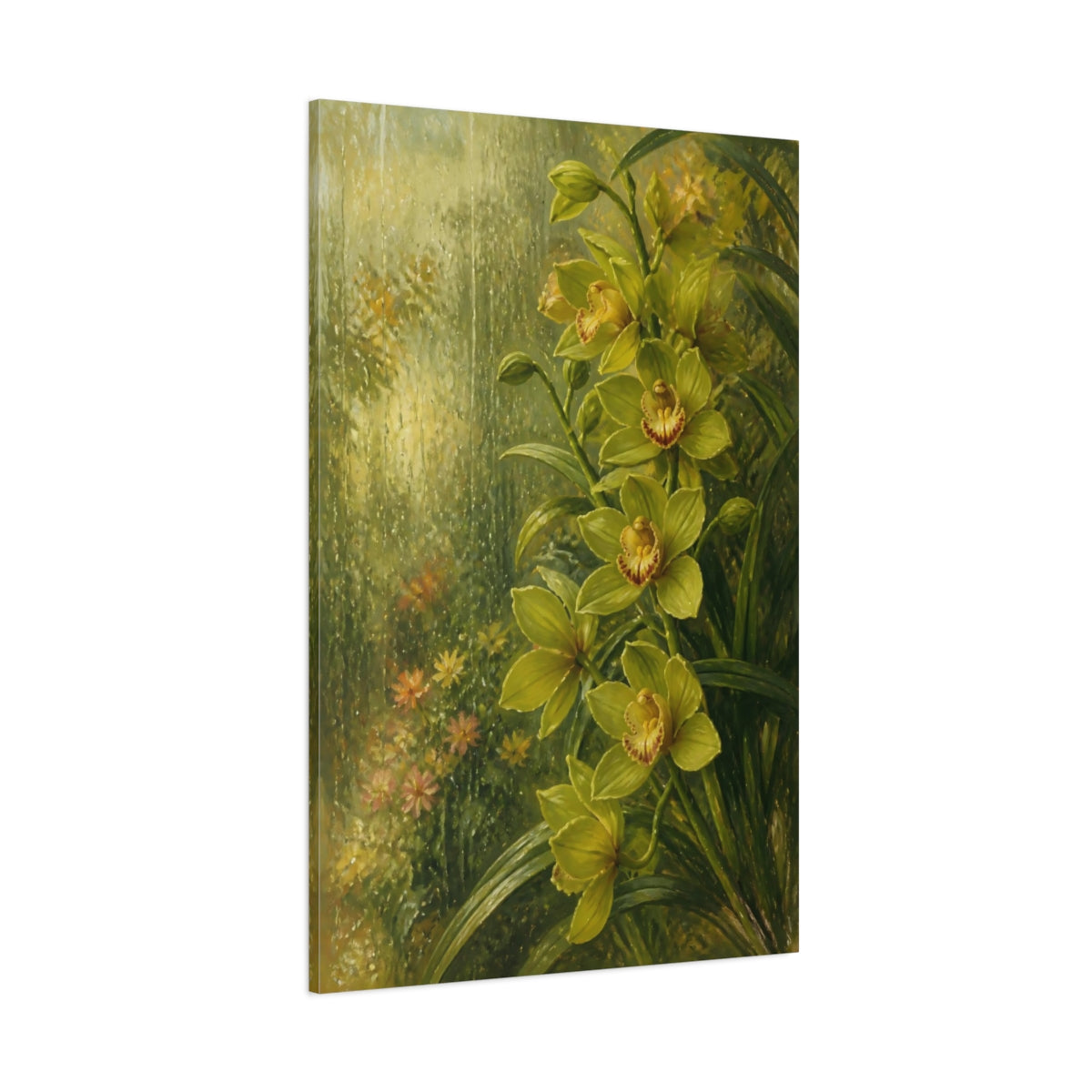 Side Mockup 1. Green Orchid Flower Spray shown as canvas print