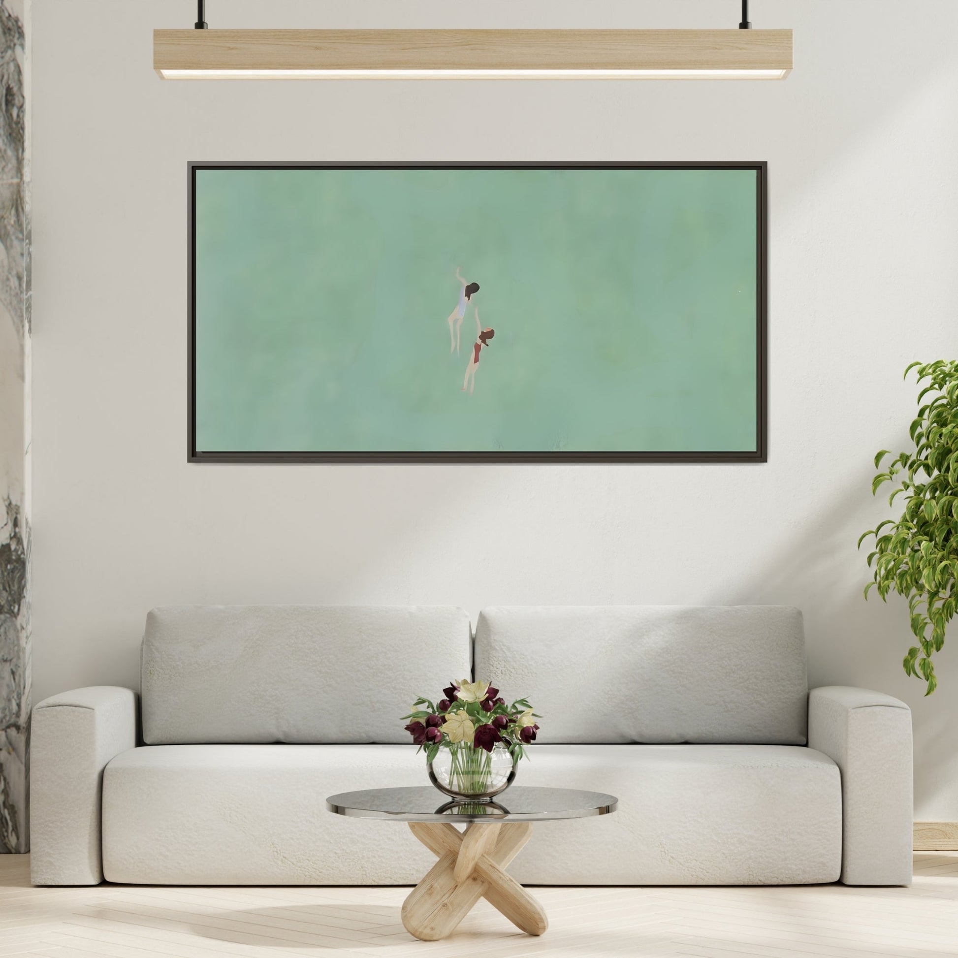 Green Vintage Minimalist Framed Canvas Art - Swiming into the Sea - YesArtYes