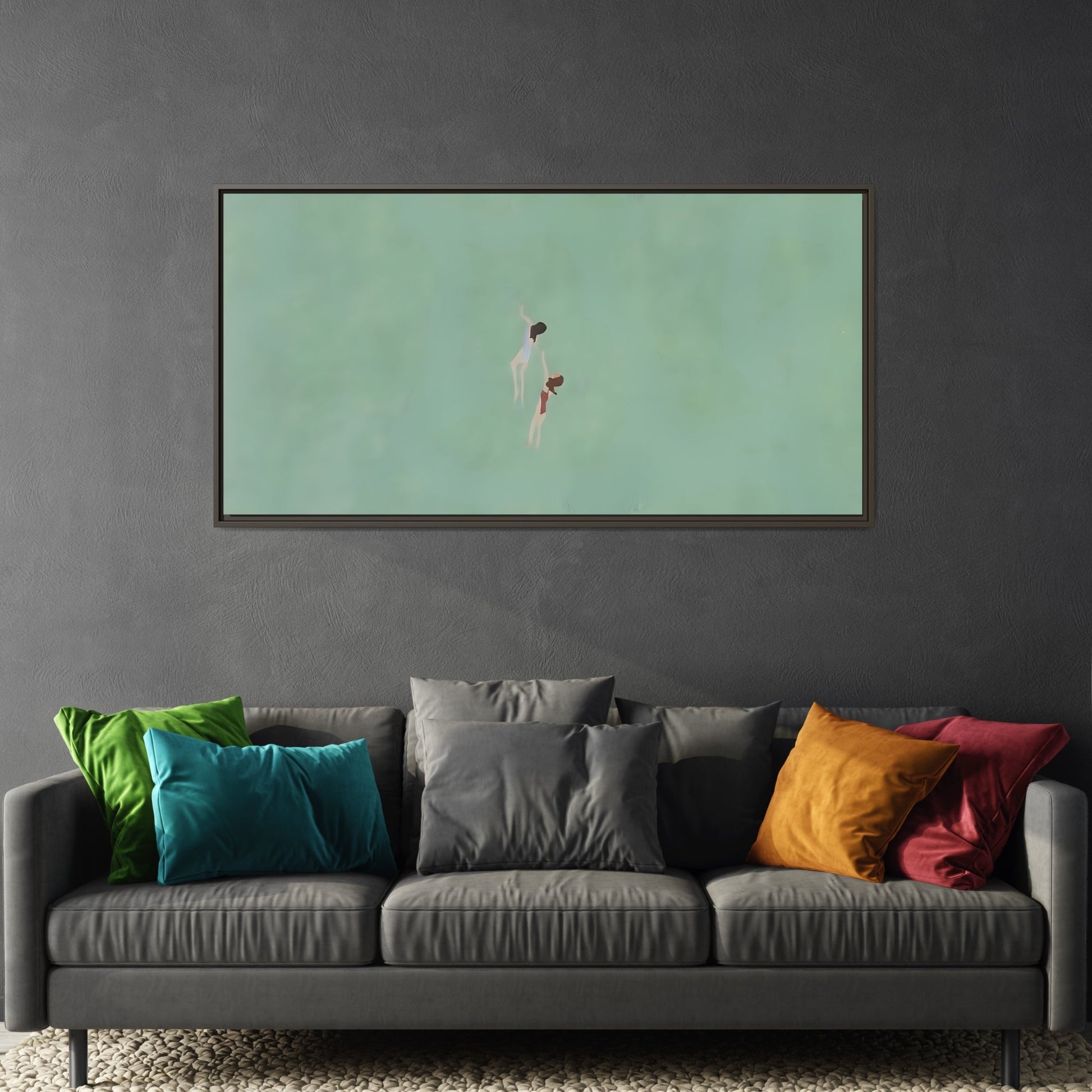 Green Vintage Minimalist Framed Canvas Art - Swiming into the Sea - YesArtYes