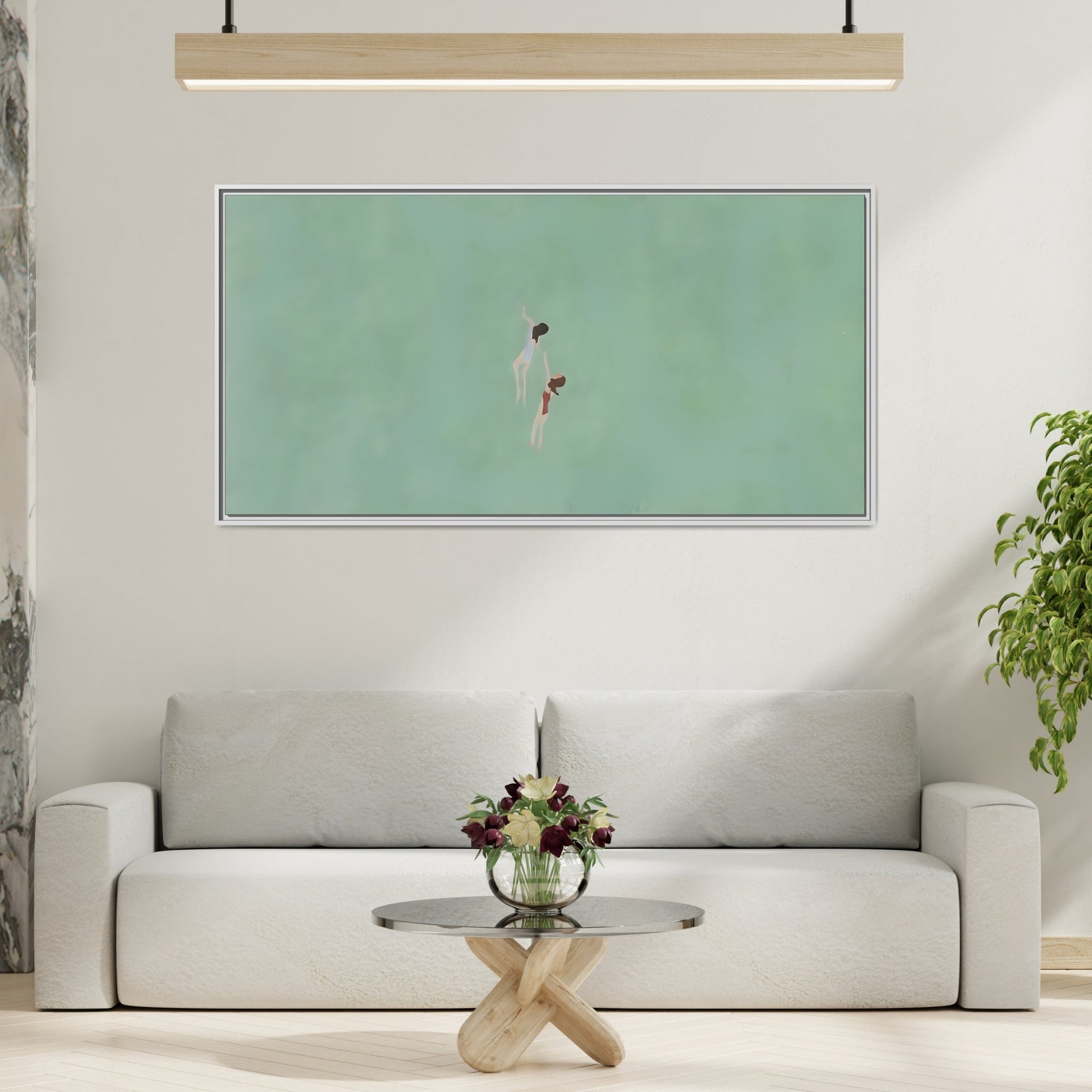 Green Vintage Minimalist Framed Canvas Art - Swiming into the Sea - YesArtYes