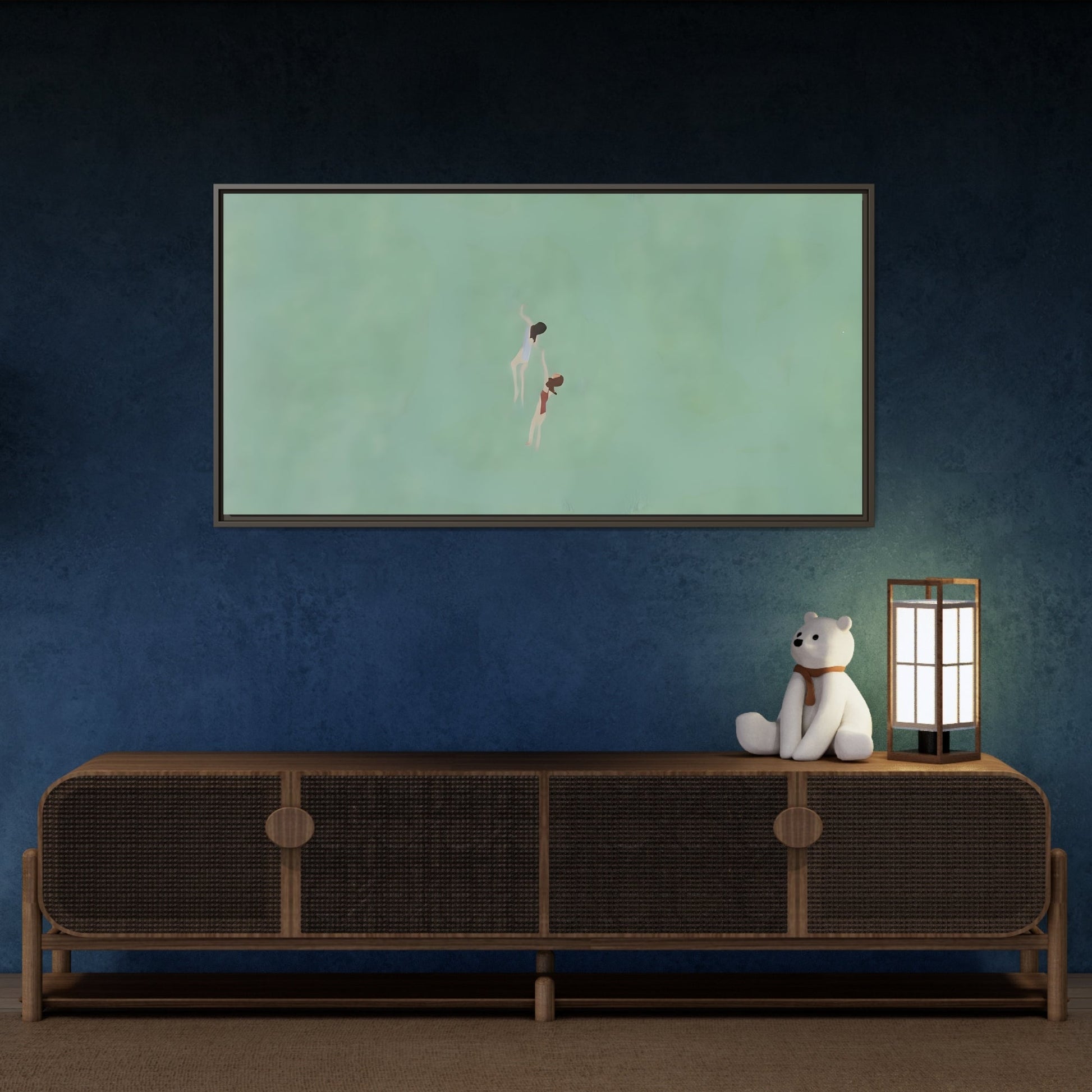 Green Vintage Minimalist Framed Canvas Art - Swiming into the Sea - YesArtYes
