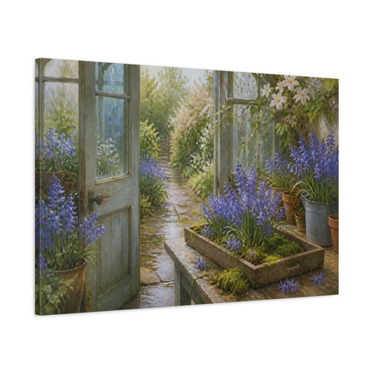 Main Mockup. Greenhouse Bluebells shown as canvas print