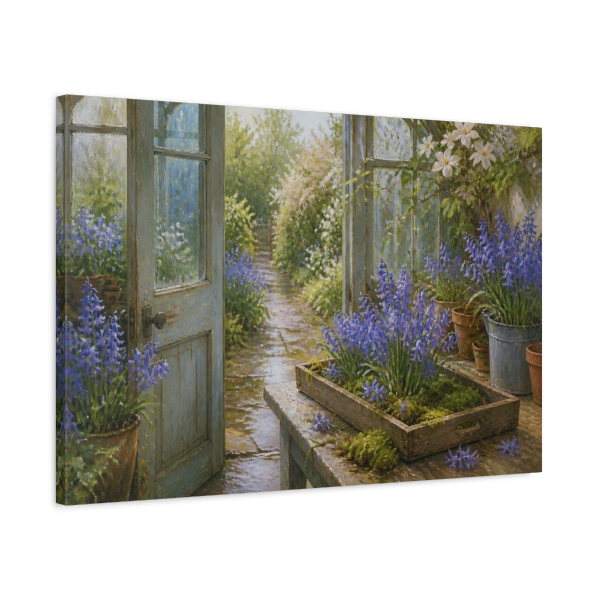 Side Mockup 2. Greenhouse Bluebells shown as canvas print