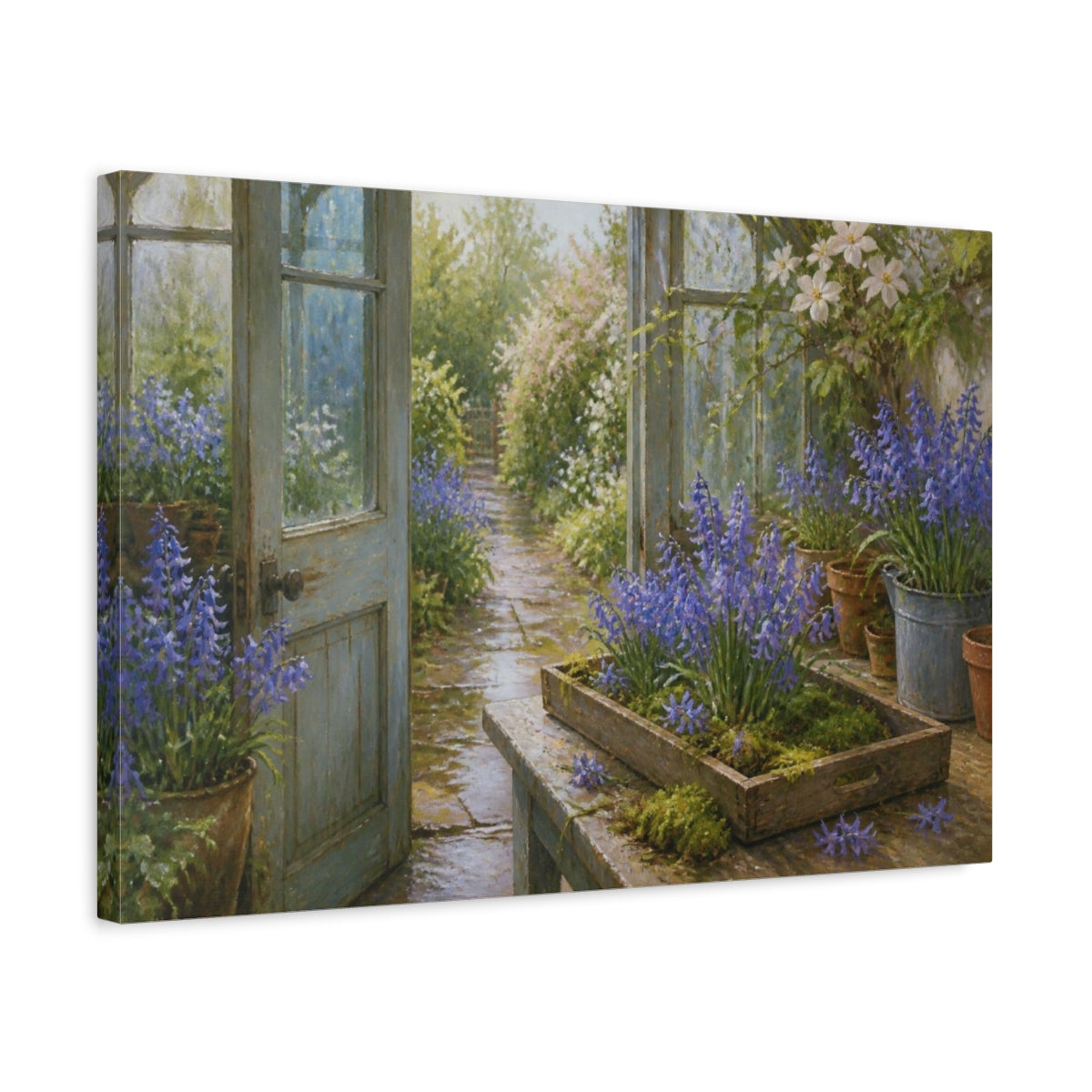 Side Mockup 3. Greenhouse Bluebells shown as canvas print