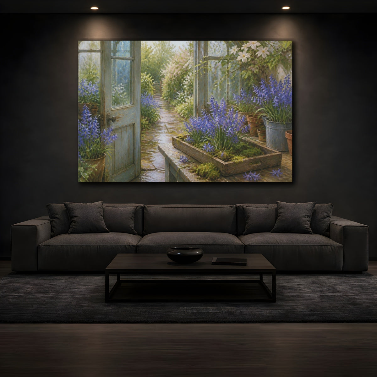 Mockup 3. Greenhouse Bluebells shown as canvas print