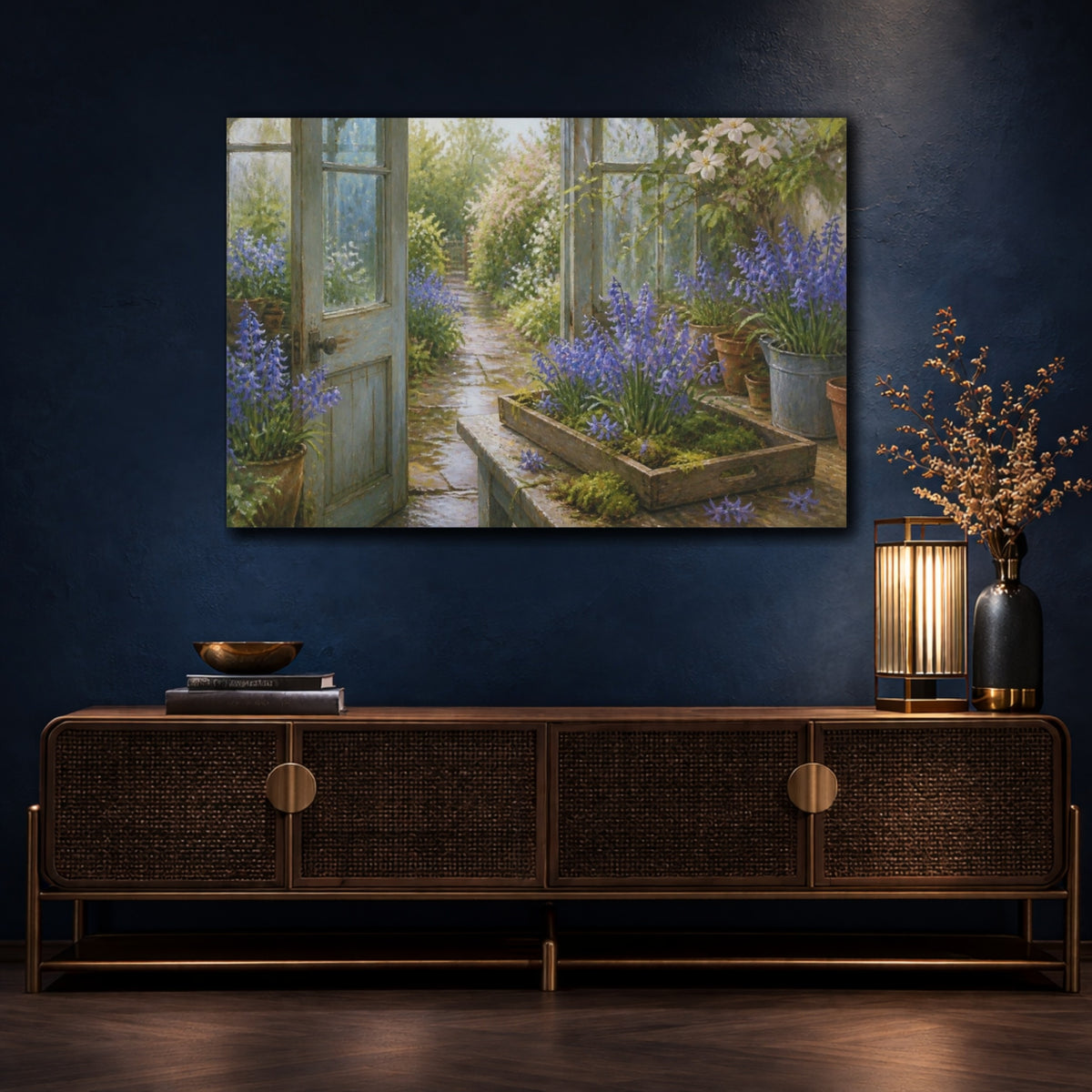 Mockup 4. Greenhouse Bluebells shown as canvas print