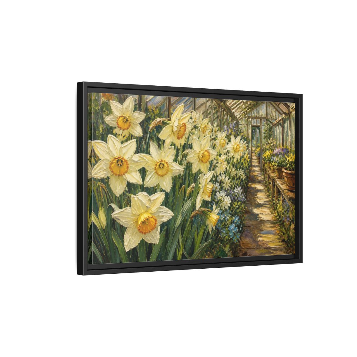 Side Mockup 3. Greenhouse Daffodil Flowers shown as framed canvas print