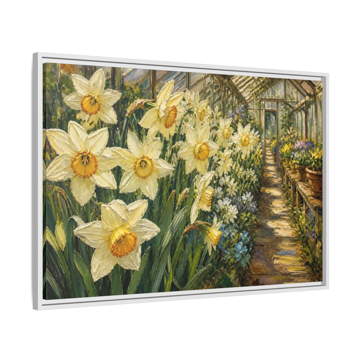 Side Mockup 9. Greenhouse Daffodil Flowers shown as framed canvas print