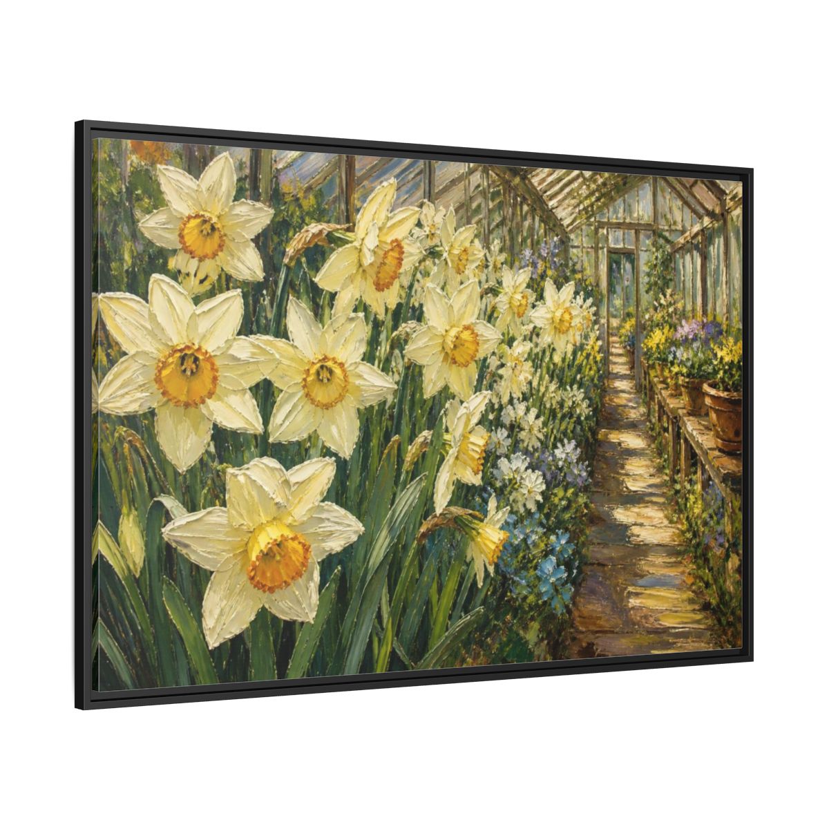 Side Mockup 12. Greenhouse Daffodil Flowers shown as framed canvas print