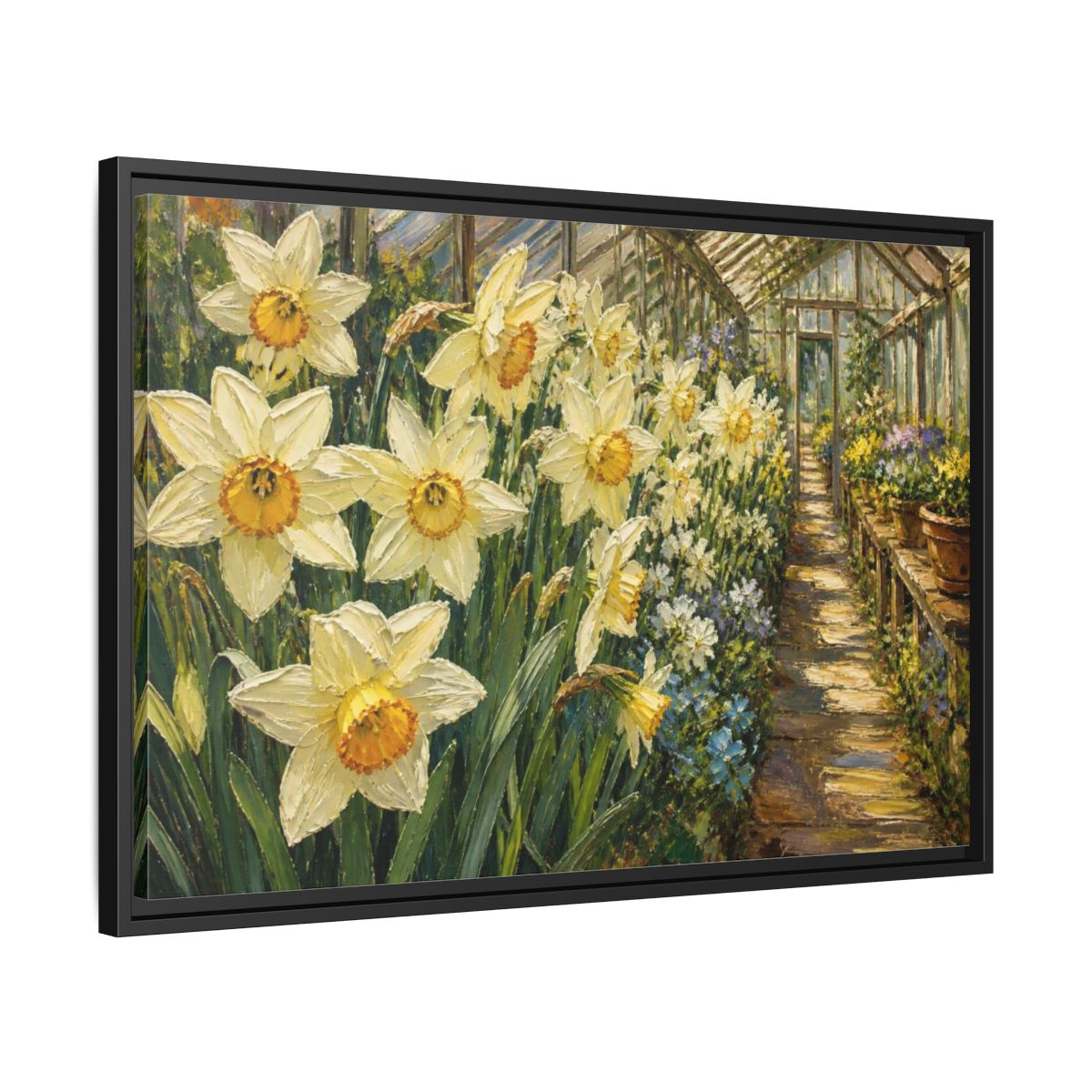 Side Mockup 14. Greenhouse Daffodil Flowers shown as framed canvas print